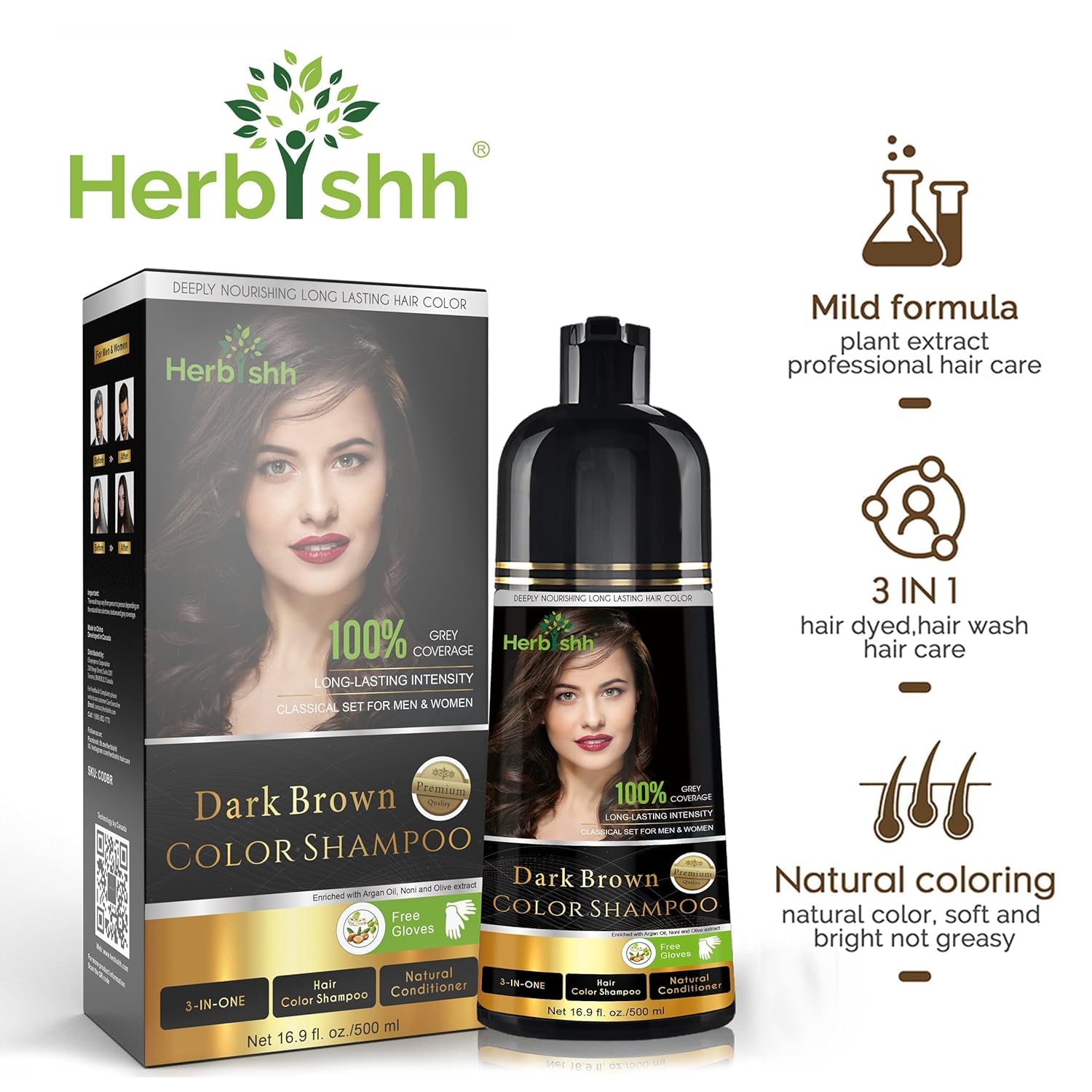 Herbishh 3-In-1 Dark Brown Hair Color Shampoo 500ml with 30ml Argan Oil for Dry Hair - Image 2