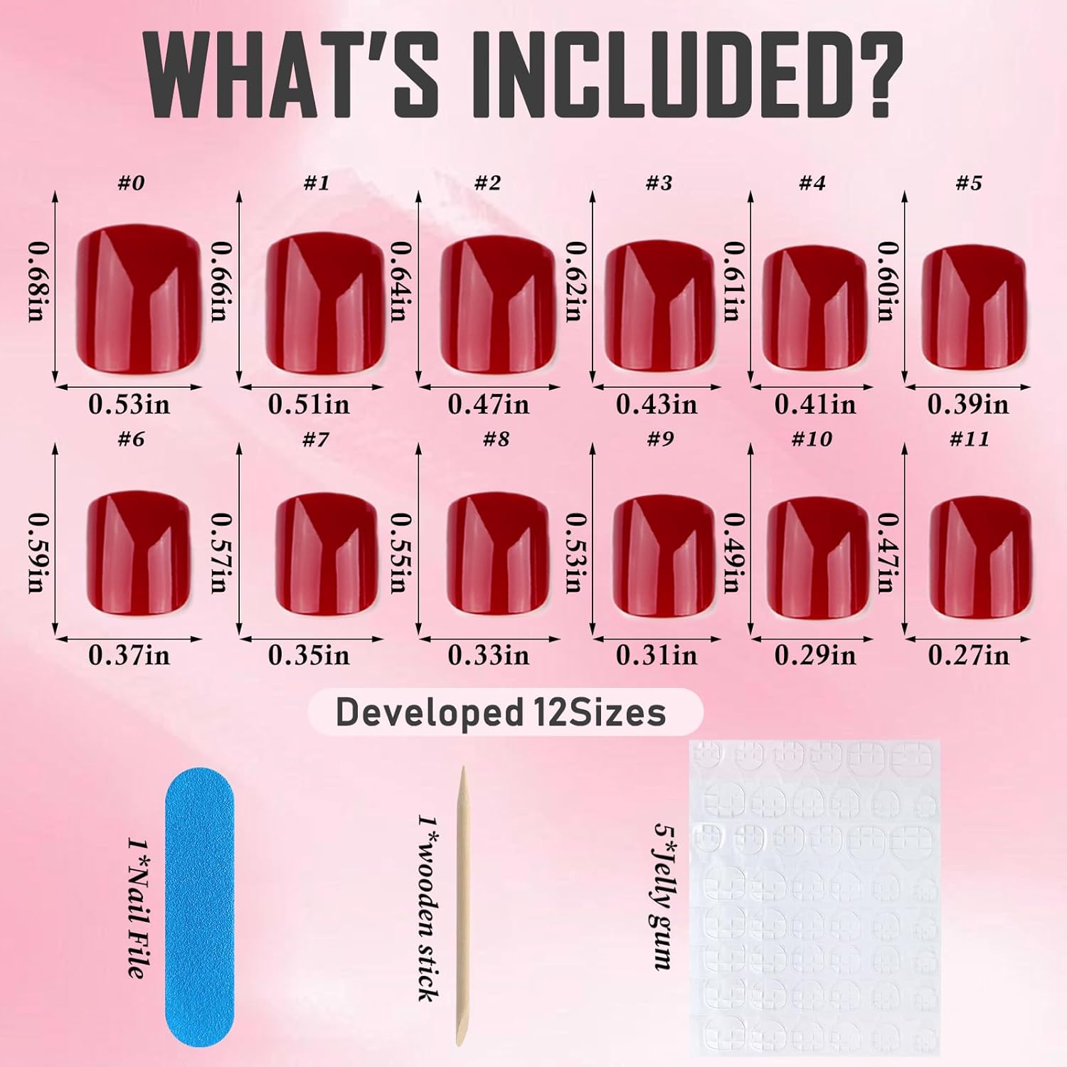 Glossy Red Square Short Press-On Nails Set with Adhesive Tabs, 240 Pcs Acrylic for Women - Image 3