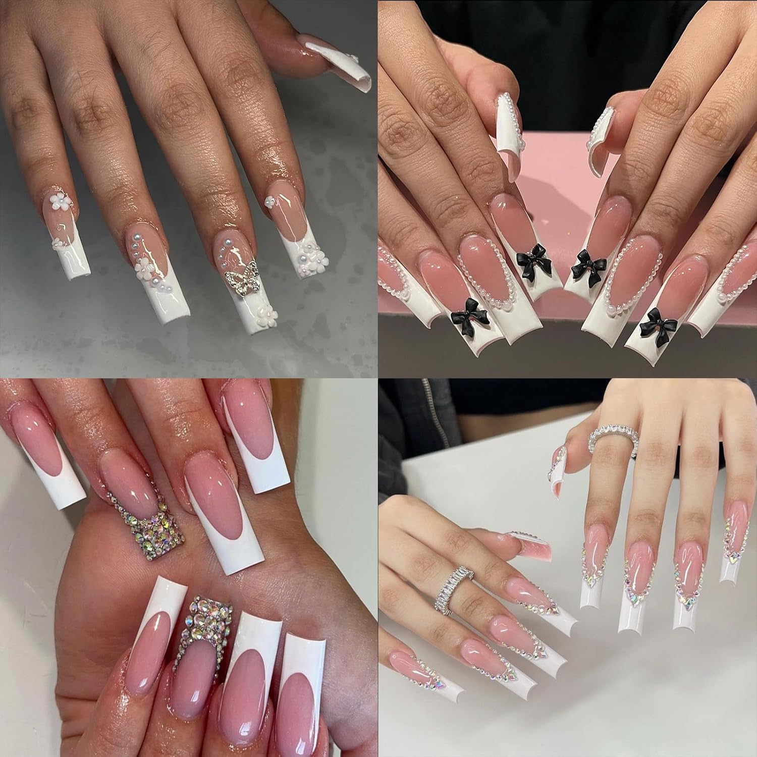 Long White Glossy Square French Tip Press on Nails Full Cover 120 Pcs Manicure Kit - Image 7