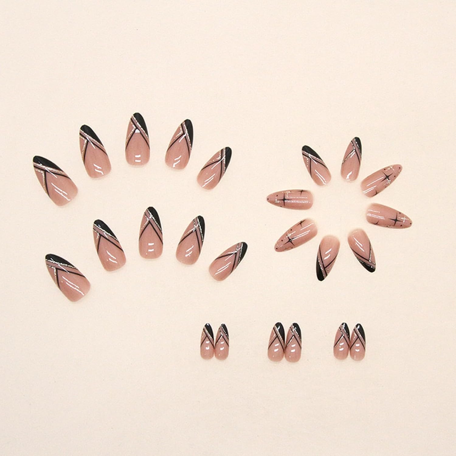 Medium Almond Black French Tip Press on Nails with Glitter and Silver Line 24Pcs - Image 3