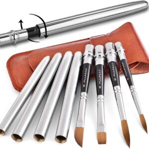 Sable Travel Watercolor Brushes, Fuumuui 4pcs Kolinsky Sable Watercolor Travel Brushes with Leather Pouch - Fine Point Rounds Dagger Flat for Watercolor Gouache Ink Painting