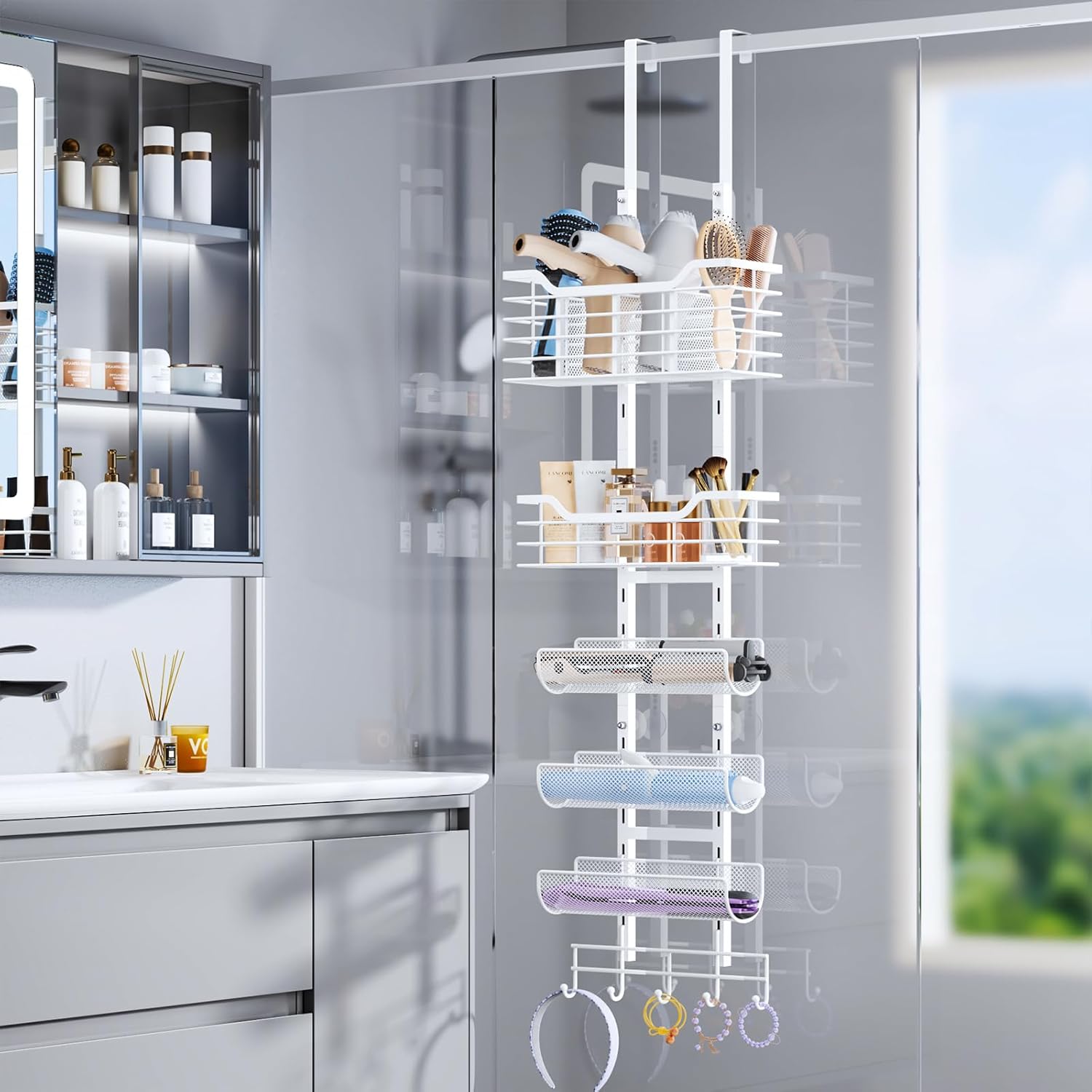 Consmest 6-Tier White Hair Tool Organizer with Hooks for Blow Dryer and Curling Iron - Image 3