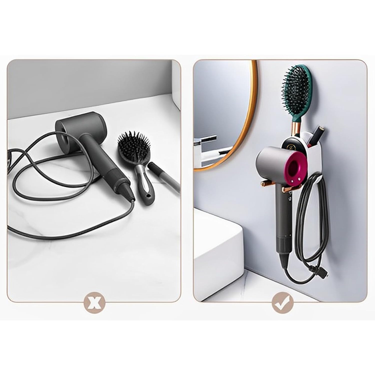 White Bathroom Wall Mount Hair Dryer Holder Organizer with Caddy and Plug Hook - Image 5