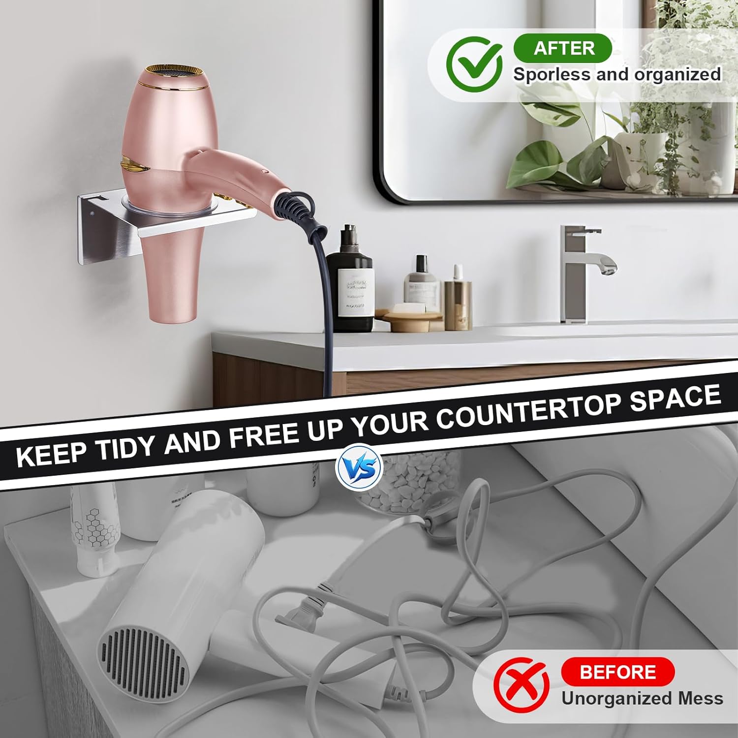 Stainless Steel Wall Mount Adhesive Hair Dryer Holder Organizer for Bathroom & Barber Shops - Image 7
