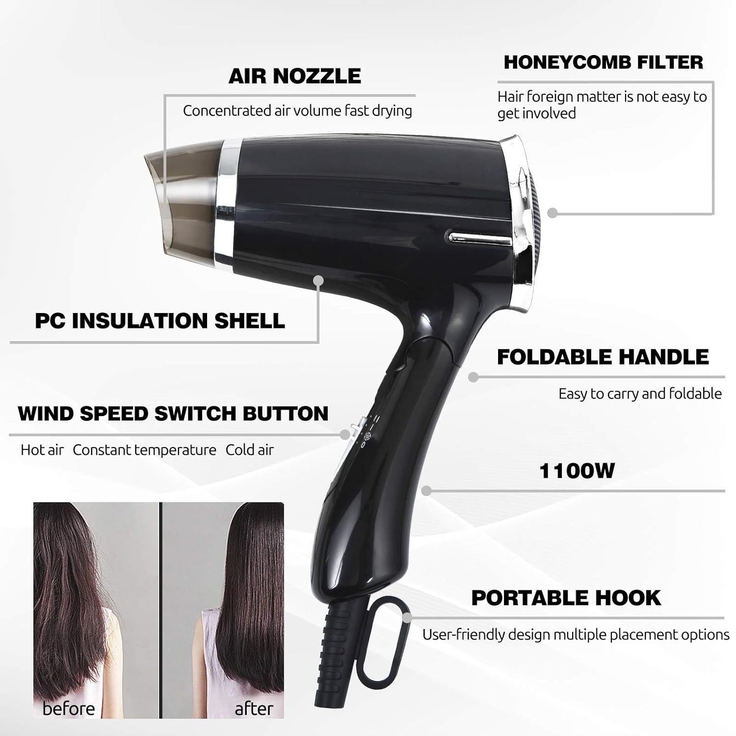 VeMee Compact Hair Dryer, 1.1kW Power, Black, 3 Heat Settings, Folding Handle - Image 3