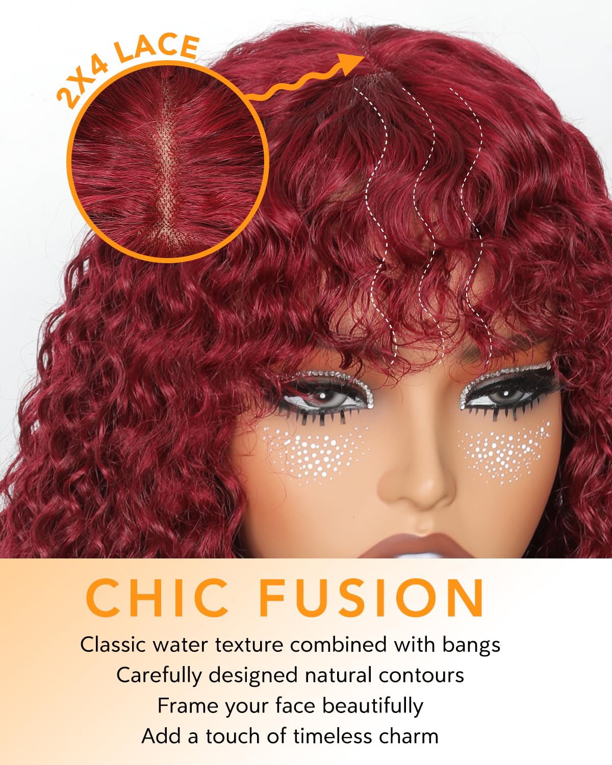 Burgundy Curly Wig with Bangs 20 Inch 100% Human Hair 2x4 Lace Closure Red - Image 3