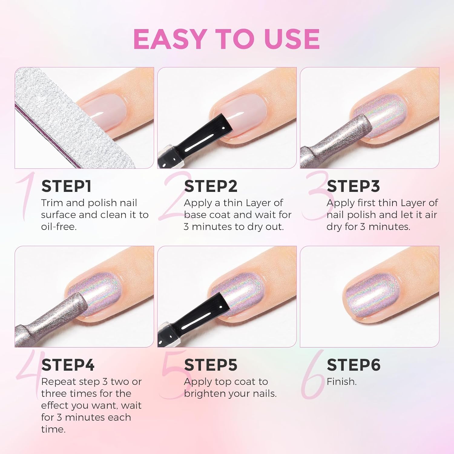 Light Purple Holographic Nail Polish 15ML Iridescent High Glossy Shimmer Air Fast Dry - Image 6