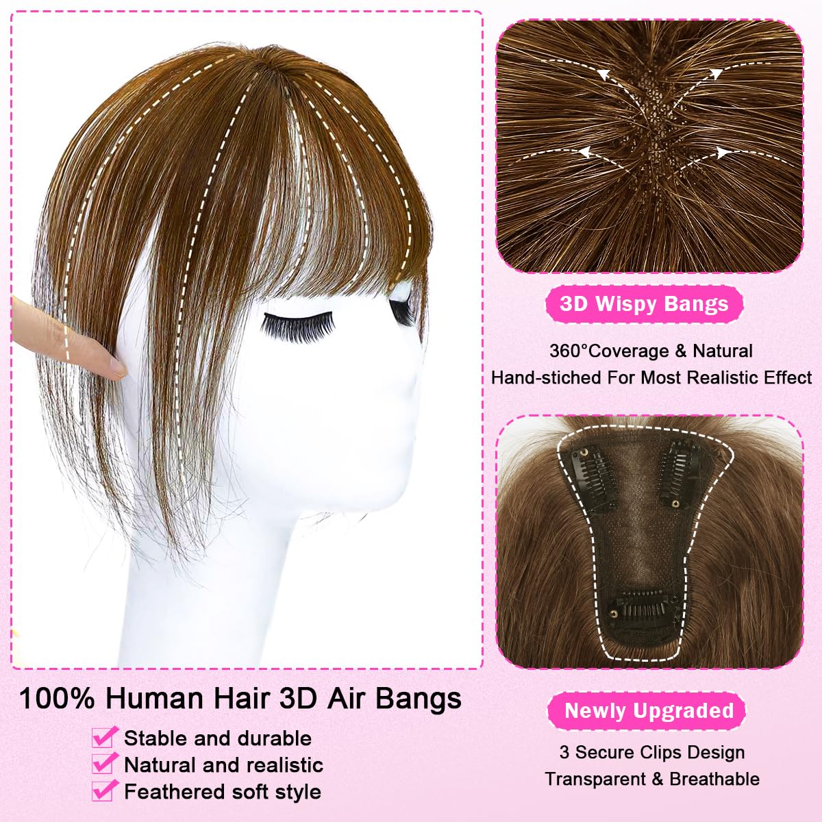Light Brown 12 Inch Real Human Hair Topper with 360° Coverage and Clip-in Bangs - Image 3