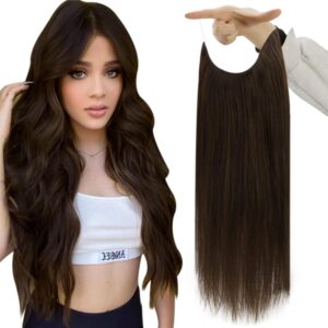 Fshine Wire Hair Extensions Dark Brown Human Hair Extensions Clip ins Straight Wire Couture Extensions Transparent Headband Fish Line Hairpiece 10 Inch 50G
