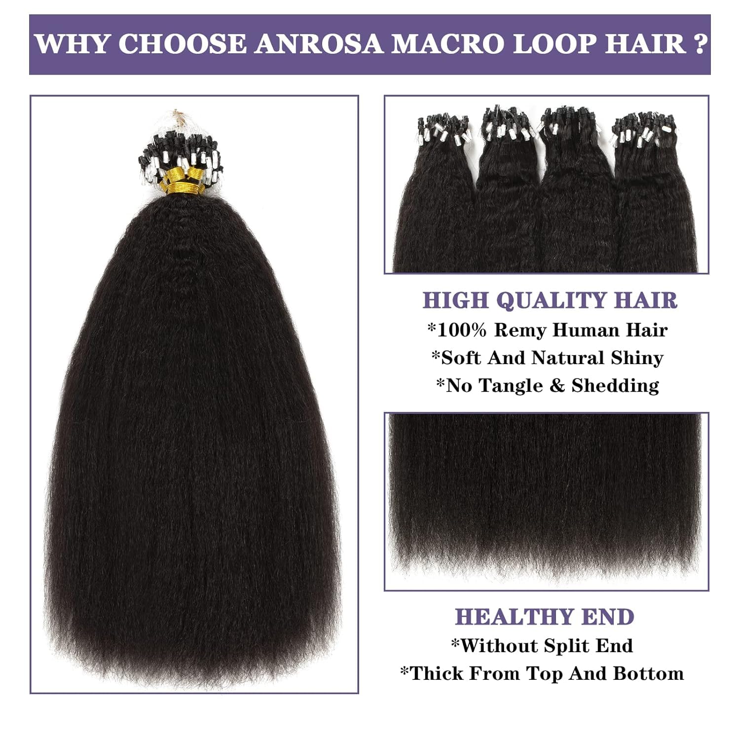 Anrosa 18 Inch Kinky Straight Micro Links Hair Extensions for Black Women, Natural Black Color - Image 3