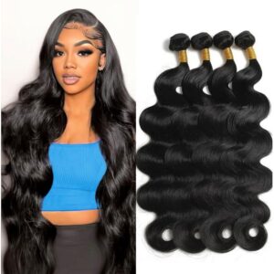 12A Body Wave Bundles Human Hair 18 20 22 24 Inch Human Hair Bundles 100% Unprocessed Brazilian Virgin Hair Bundle Human Hair Body Wave 4 Bundle Human Hair Extensions Real Human Hair Natural Black