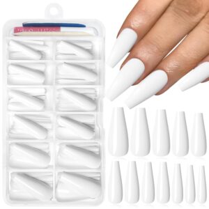 120PC White Coffin Press on Nails Long Fake Nails Press ons with Glue Nail Adhesive Tabs, 12 Sizes Long Acrylic Nails Press on Nails Coffin White Stick Nails Tips Artificial Fingernails