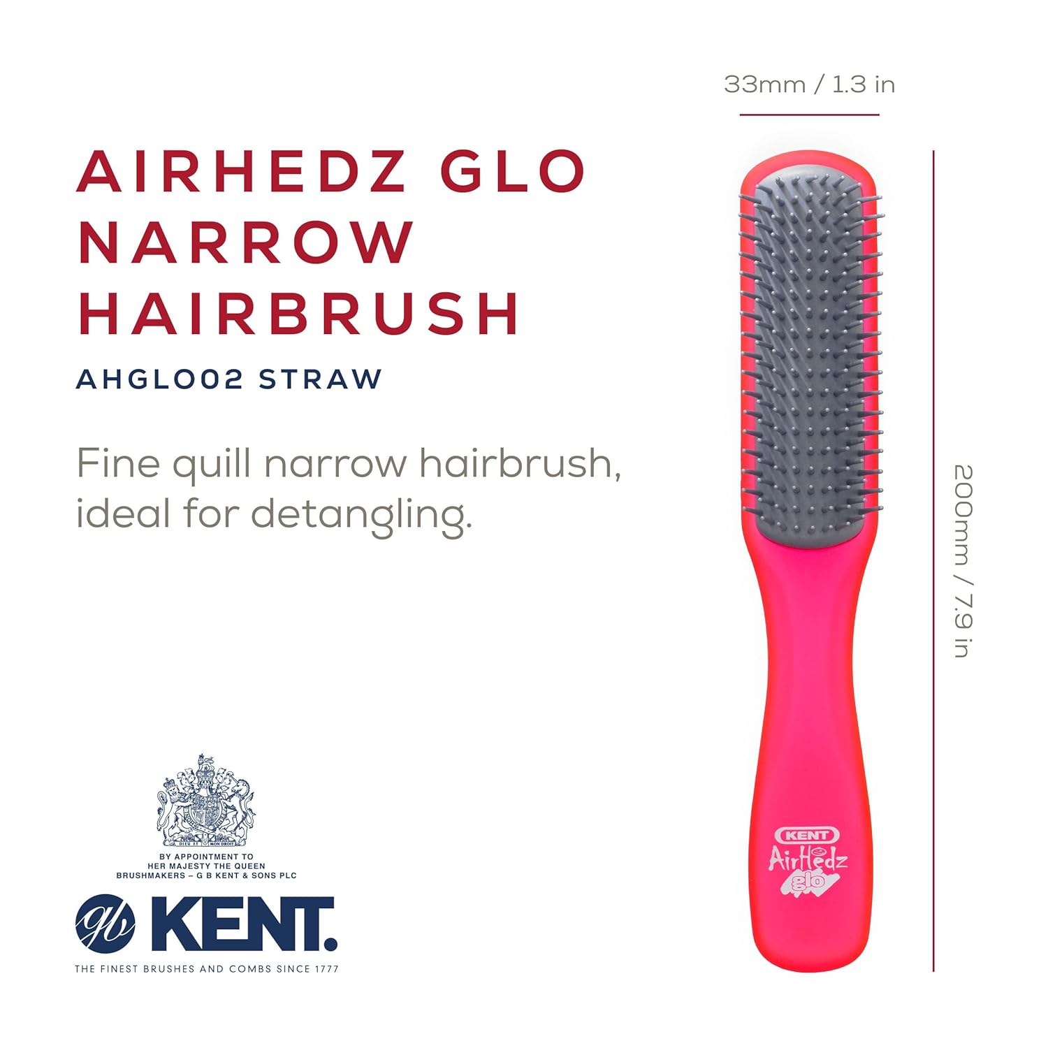 Kent Airhedz Glo Red Narrow Detangling Hair Brush Medium Long Hair - Image 2