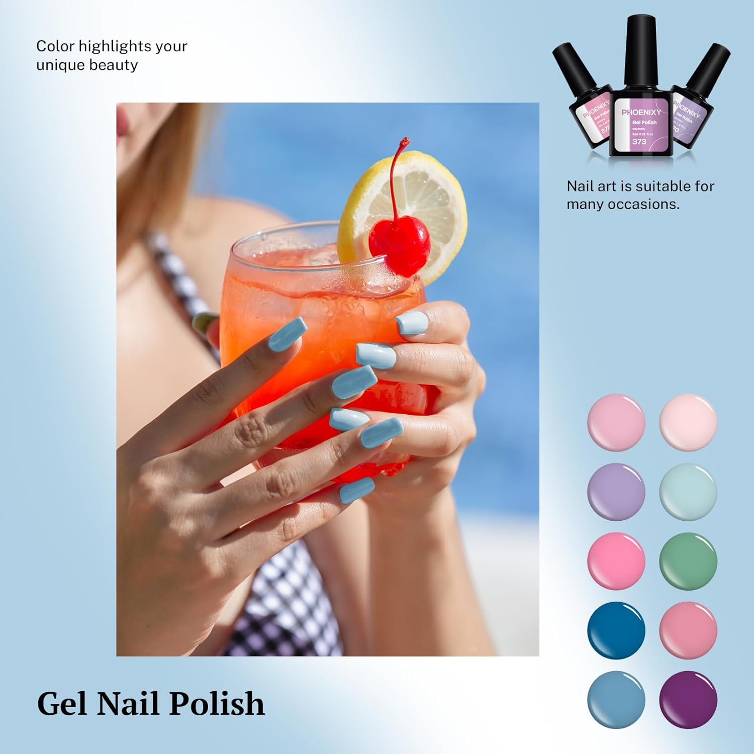 PHOENIXY 24-Piece Gel Nail Polish Set Blue Pink Base Top Coat - Image 6