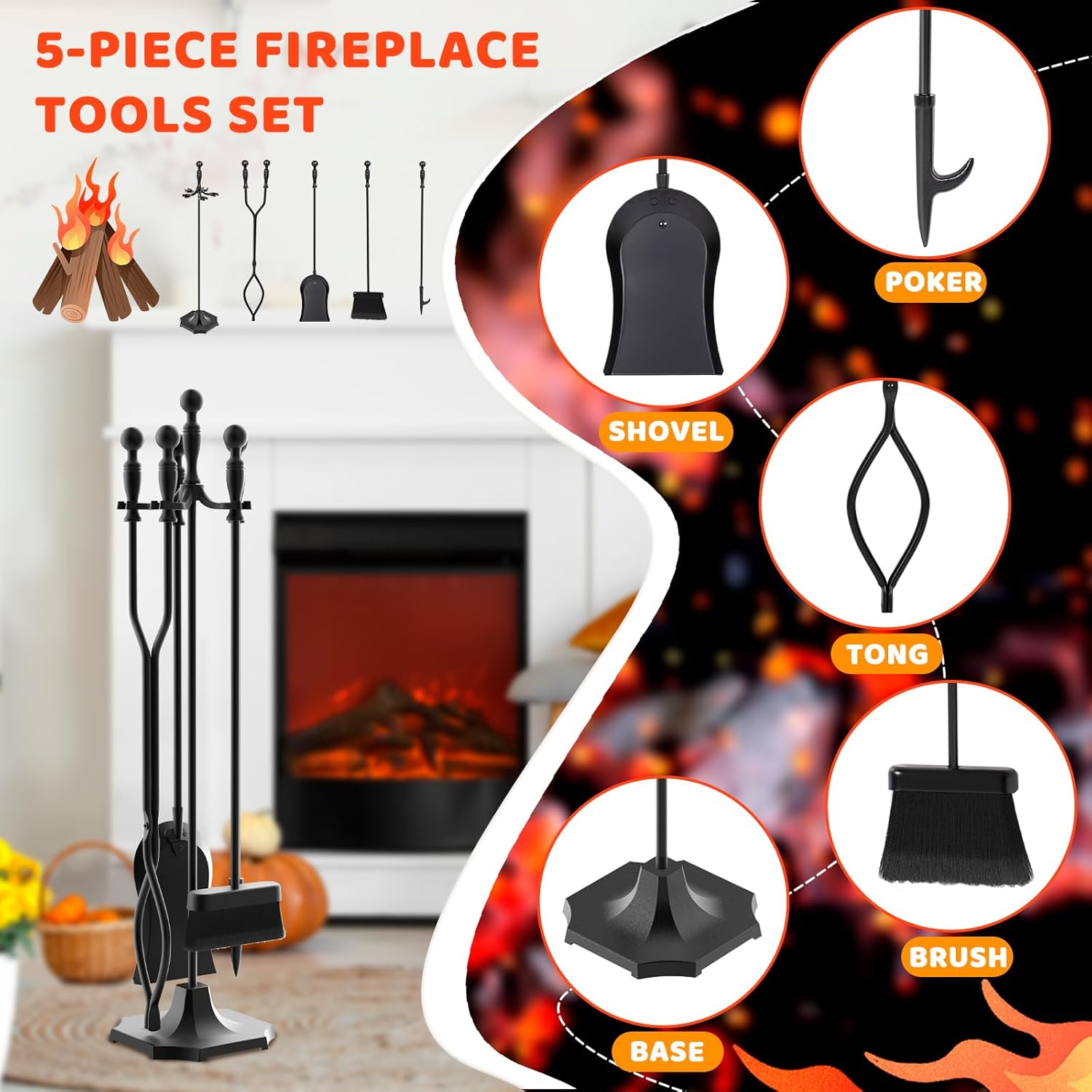 31 Inch 5-Piece Wrought Iron Fireplace Tool Set Ergonomic Handles Indoor Outdoor Use - Image 4