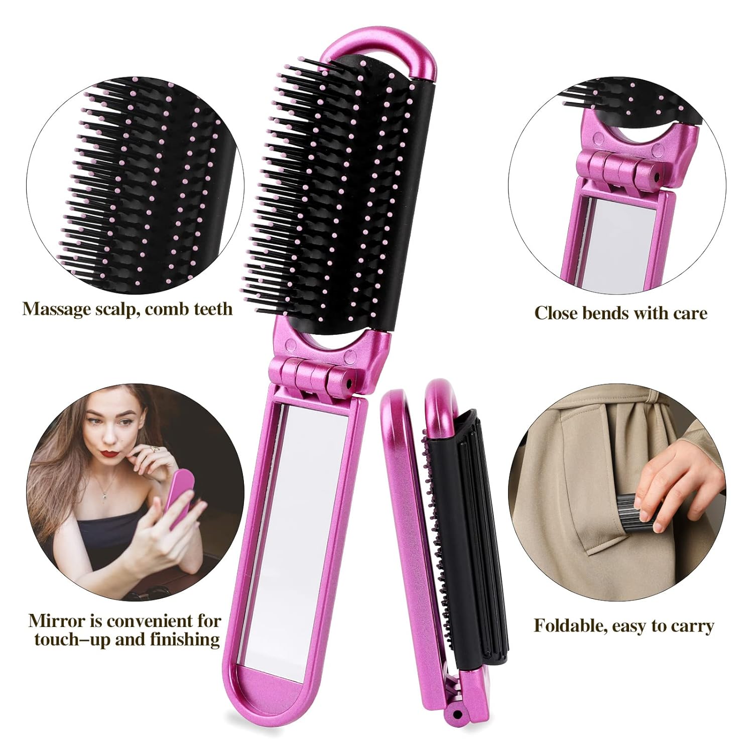Sliverdew Travel Hair Brush Set, 2 Folding Brushes with Mirror, Compact and Portable, Silver & Purple - Image 4