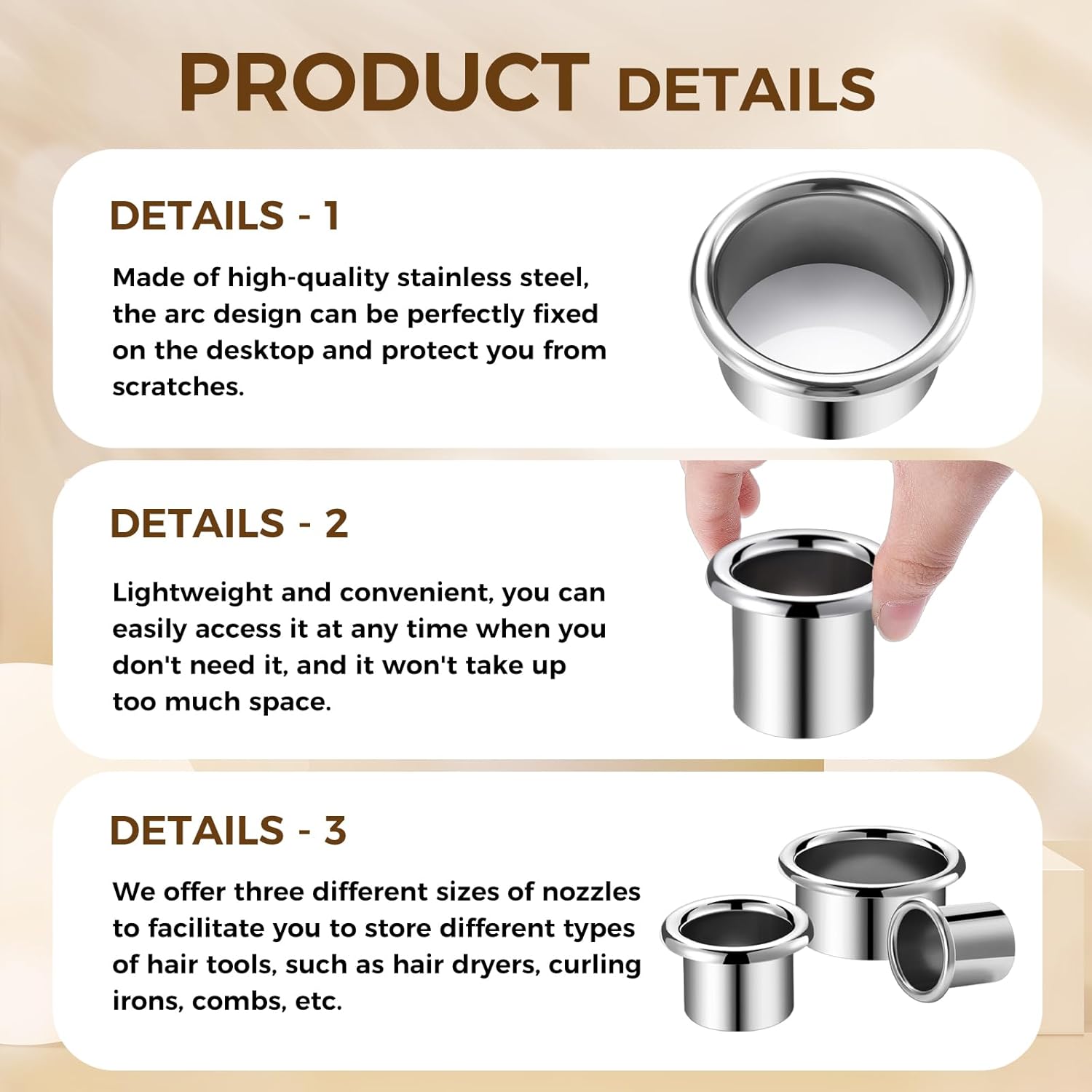 6 Piece Stainless Steel Hair Dryer Holder Set, 3 Assorted Sizes for Salon Station Organizer - Image 4