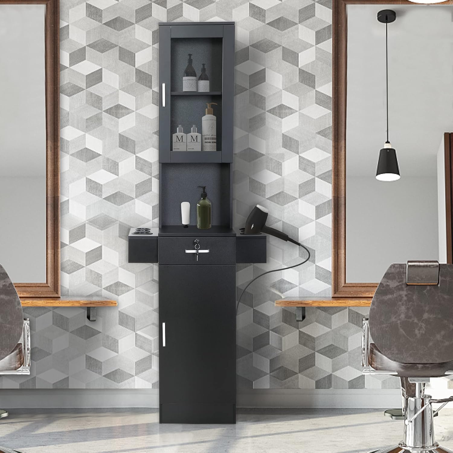 NicBex Black Wall Mount Salon Station with Locking Drawer and Glass Door - Image 2