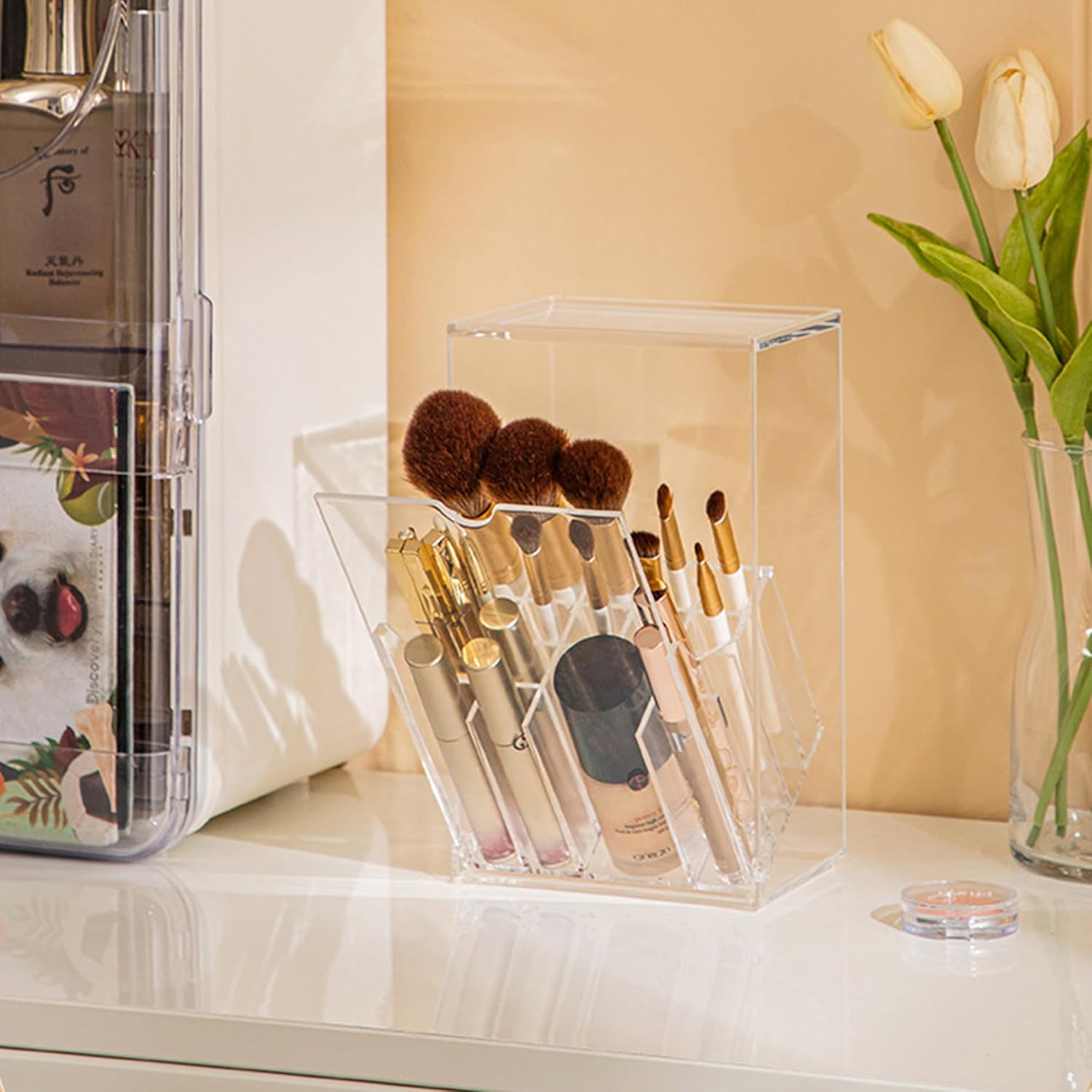 Clear Acrylic 17-Slot Makeup Brush Holder Organizer with Lid - Image 6