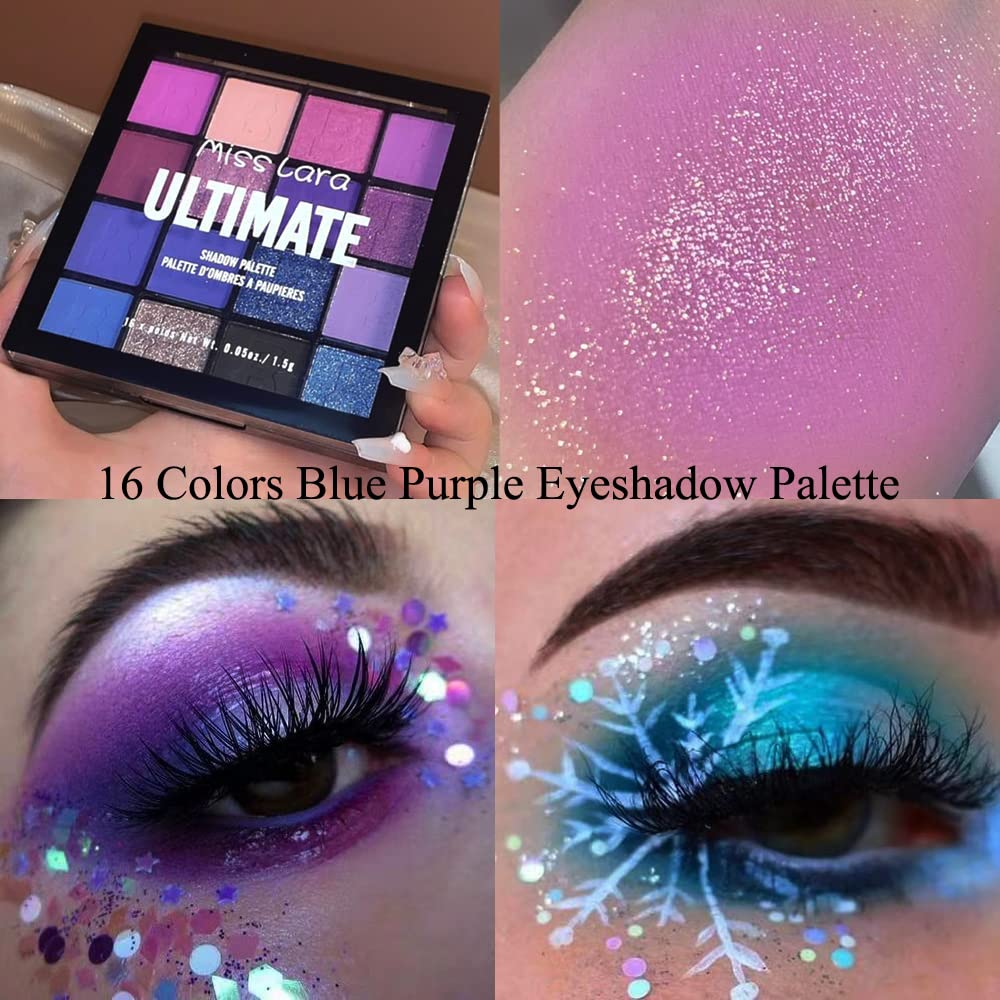 16 Color Purple Blue Eyeshadow Palette Glitter Matte Waterproof Makeup - Image 3