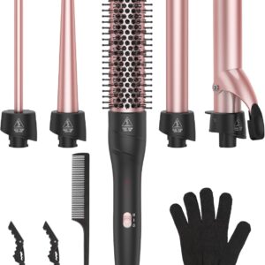 ANIEKIN 5 in 1 Curling Iron Set, Fast Heat Up Curling Wand from 3/8 to 1 1/4 Inch and a Thermal Brush Come with, Dual Voltage Hair Curler for Women All Hair Types and Travel Use, Gifts for Women