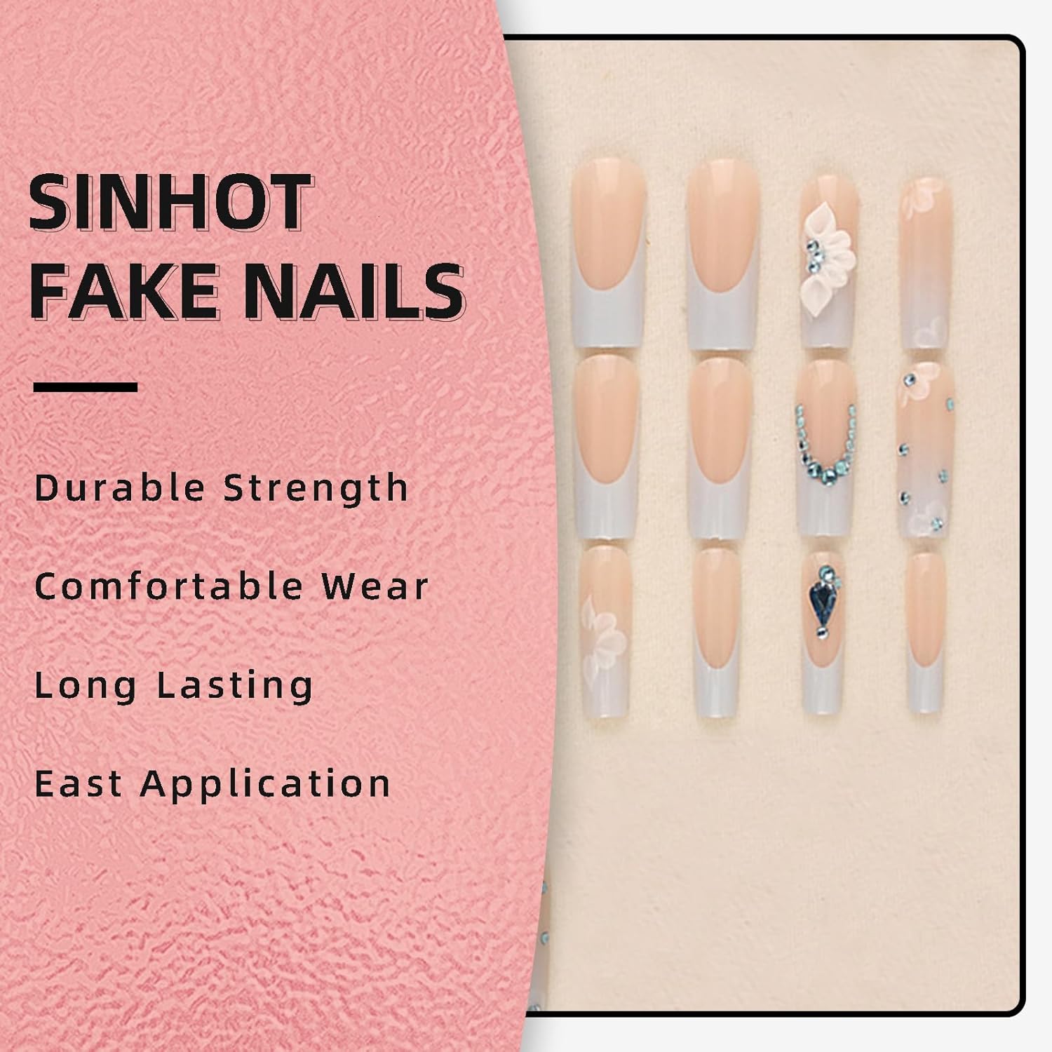 SINHOT 24pcs Long Square Press on Nails Blue Gradient 3D Flower Design - Image 5