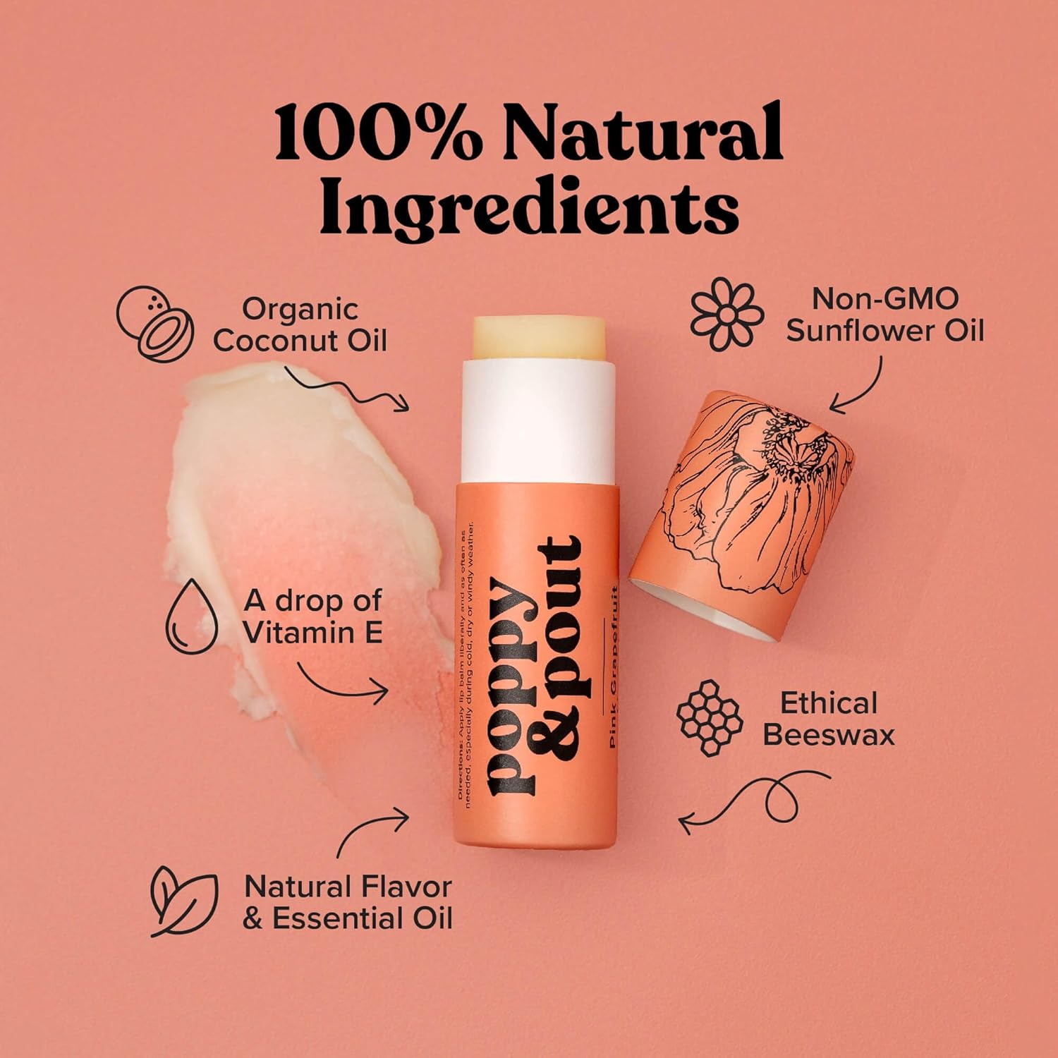 Poppy & Pout Jumbo Pink Grapefruit Lip Balm 0.5 oz | All Natural, Cruelty-Free, Hydrating - Image 2