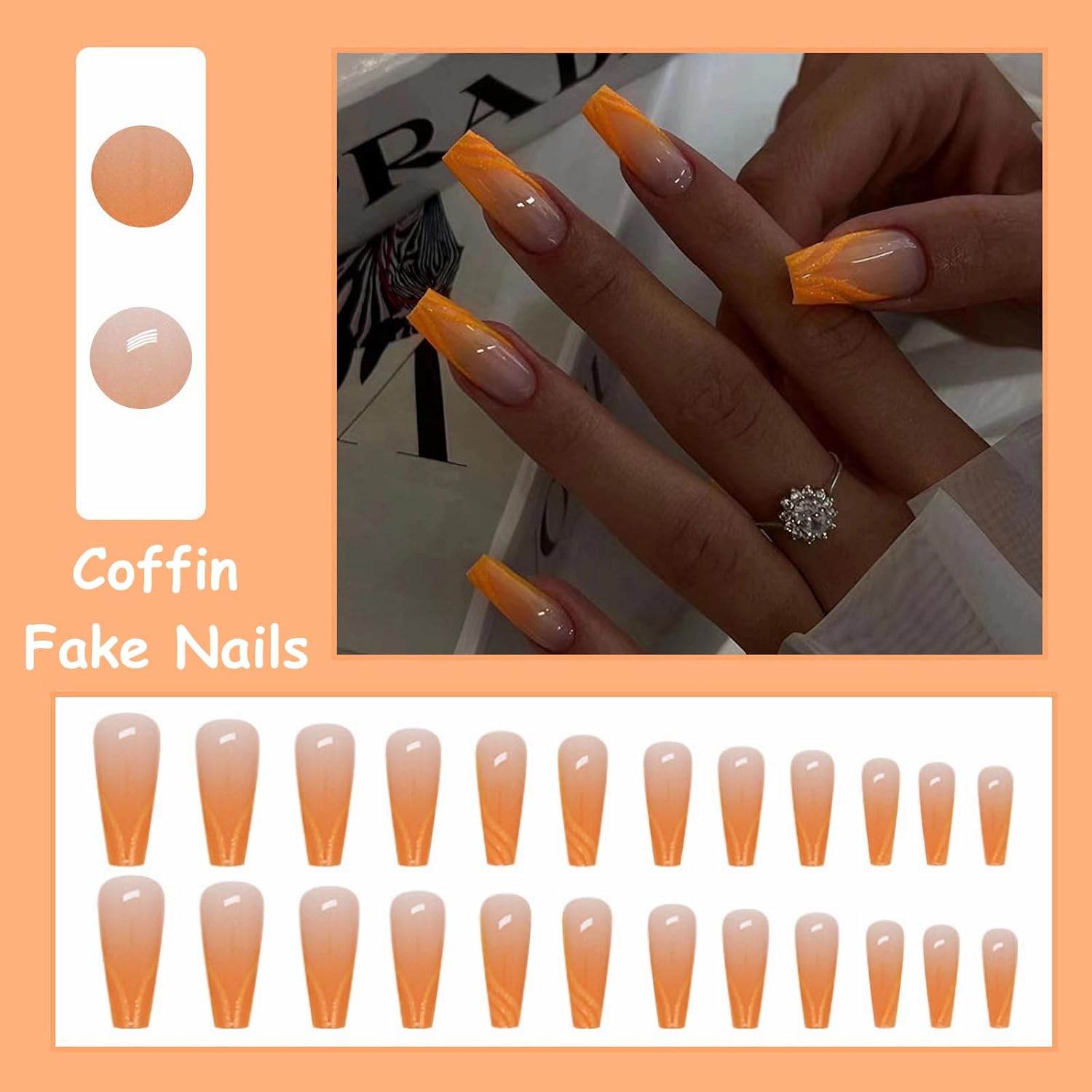 MISUD 24 pcs Long Glossy Orange Ombre Acrylic Coffin Press on Nails Ballerina Design - Image 5