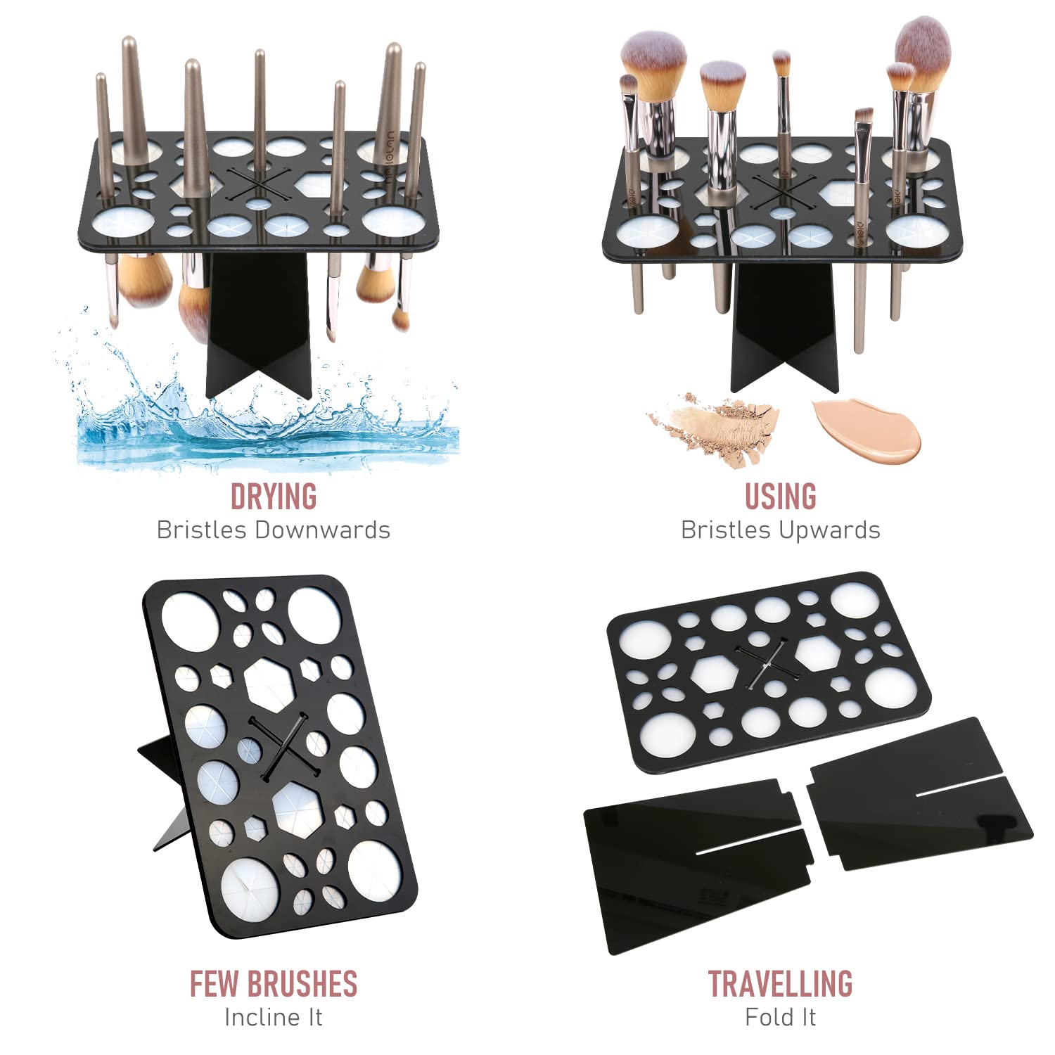 Silicone Makeup Brush Cleaning Mat and Drying Rack, 28 Holes, Clover Design, Black/Pink - Image 5