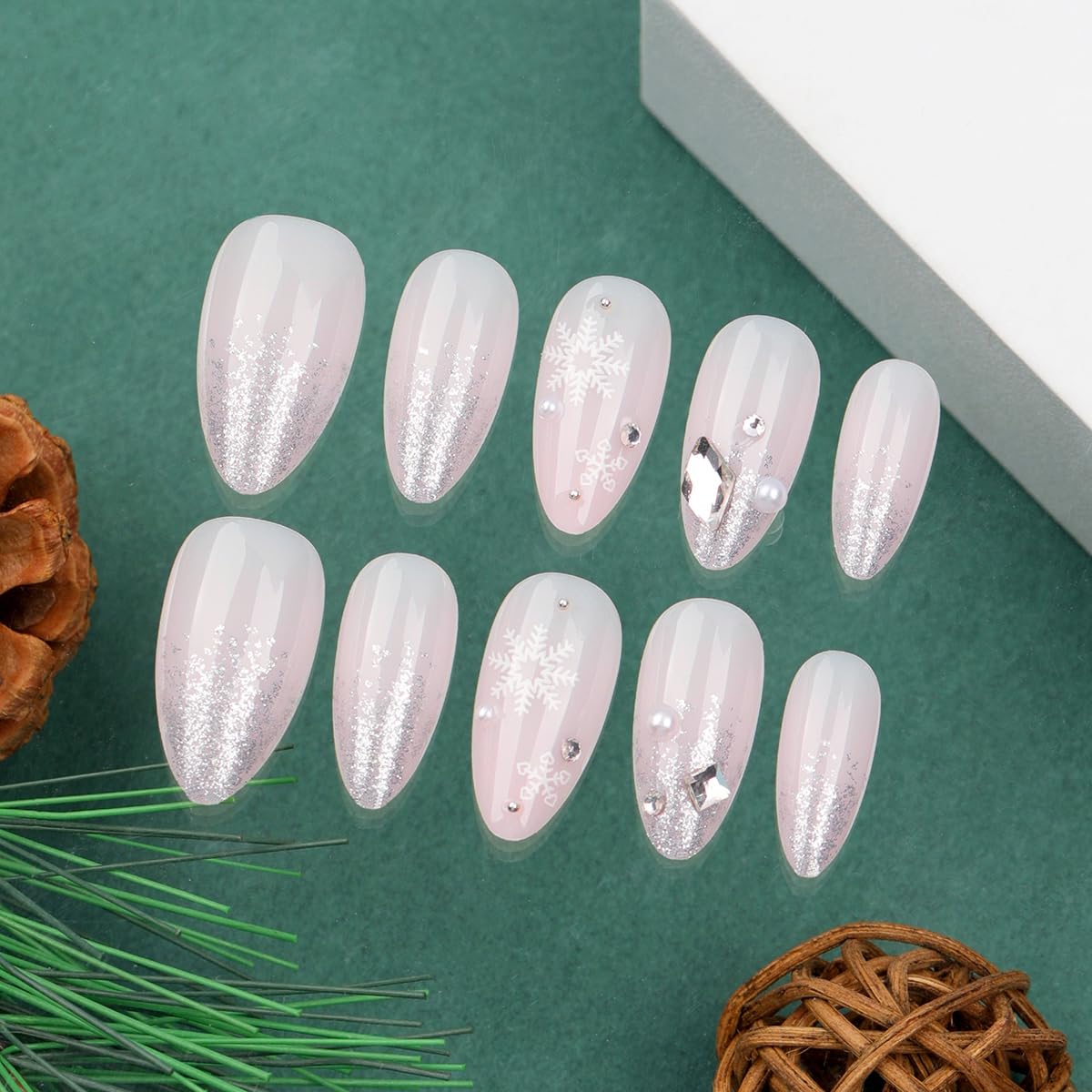 Christmas Almond Medium Press on Nails 24Pcs with Snowflakes and Rhinestones - Image 3