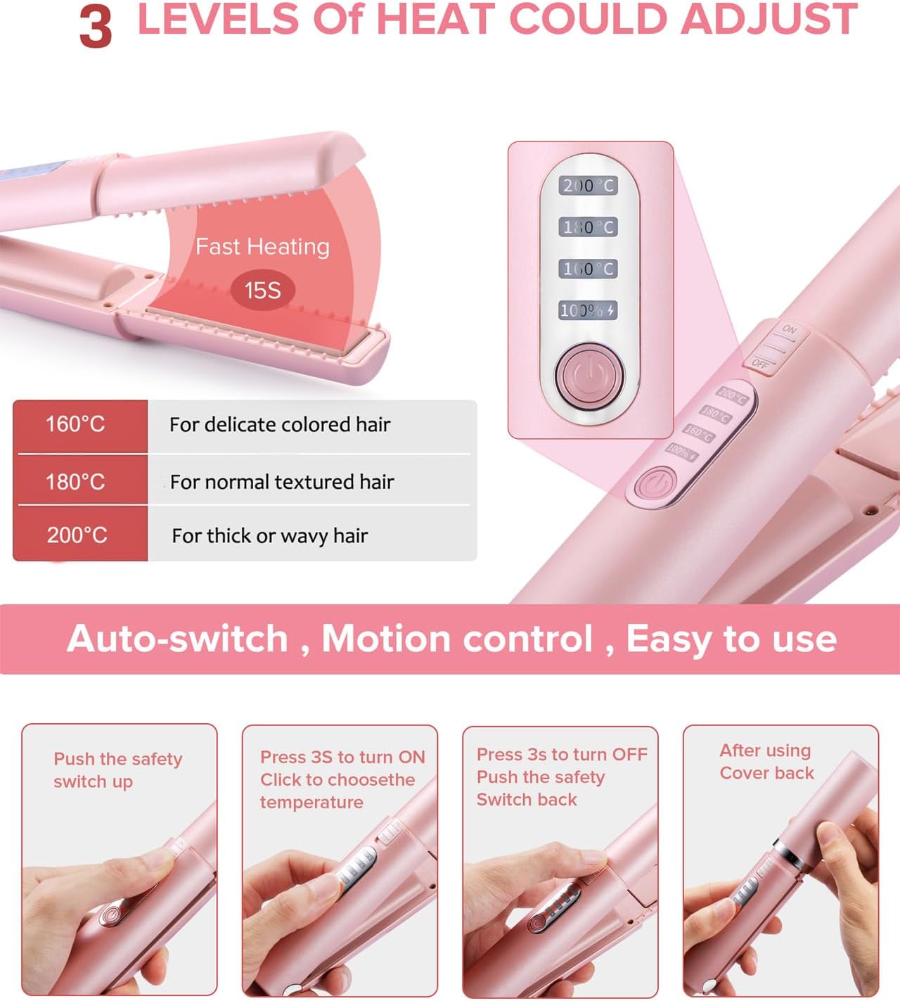 JMFONE Portable Cordless Mini Hair Straightener 3 Temp USB-C Rechargeable Quick Styling - Image 4