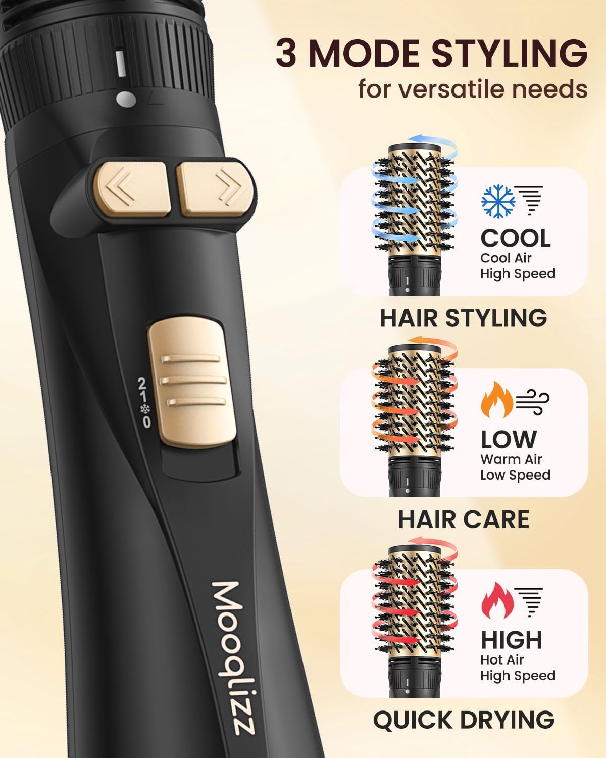 3-in-1 Rotating Hair Dryer Brush Set Gold Black 2 Brush Heads Concentrator Attachment - Image 6