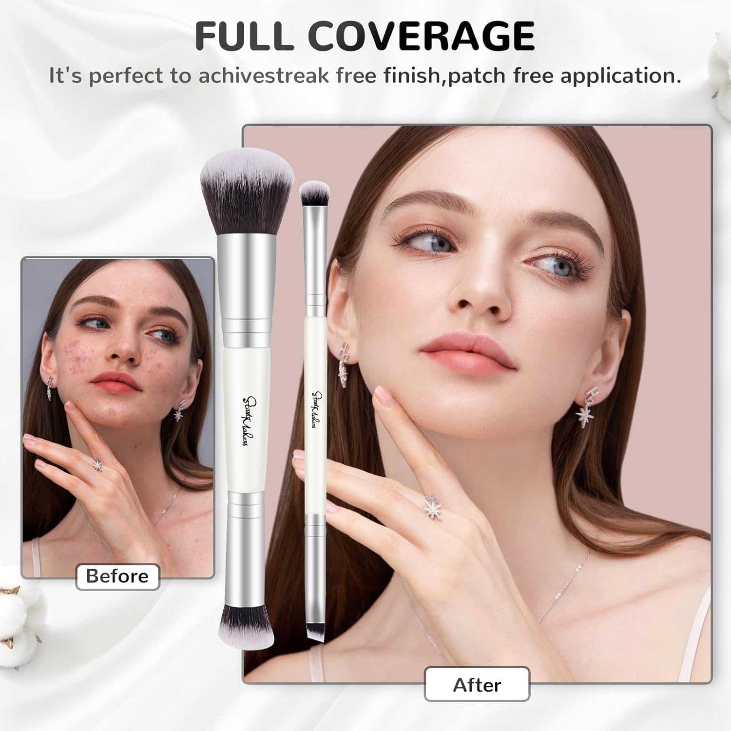 START MAKERS 2-in-1 White Dual-Ended Foundation Concealer Brush Set for Liquid Powder Makeup - Image 6
