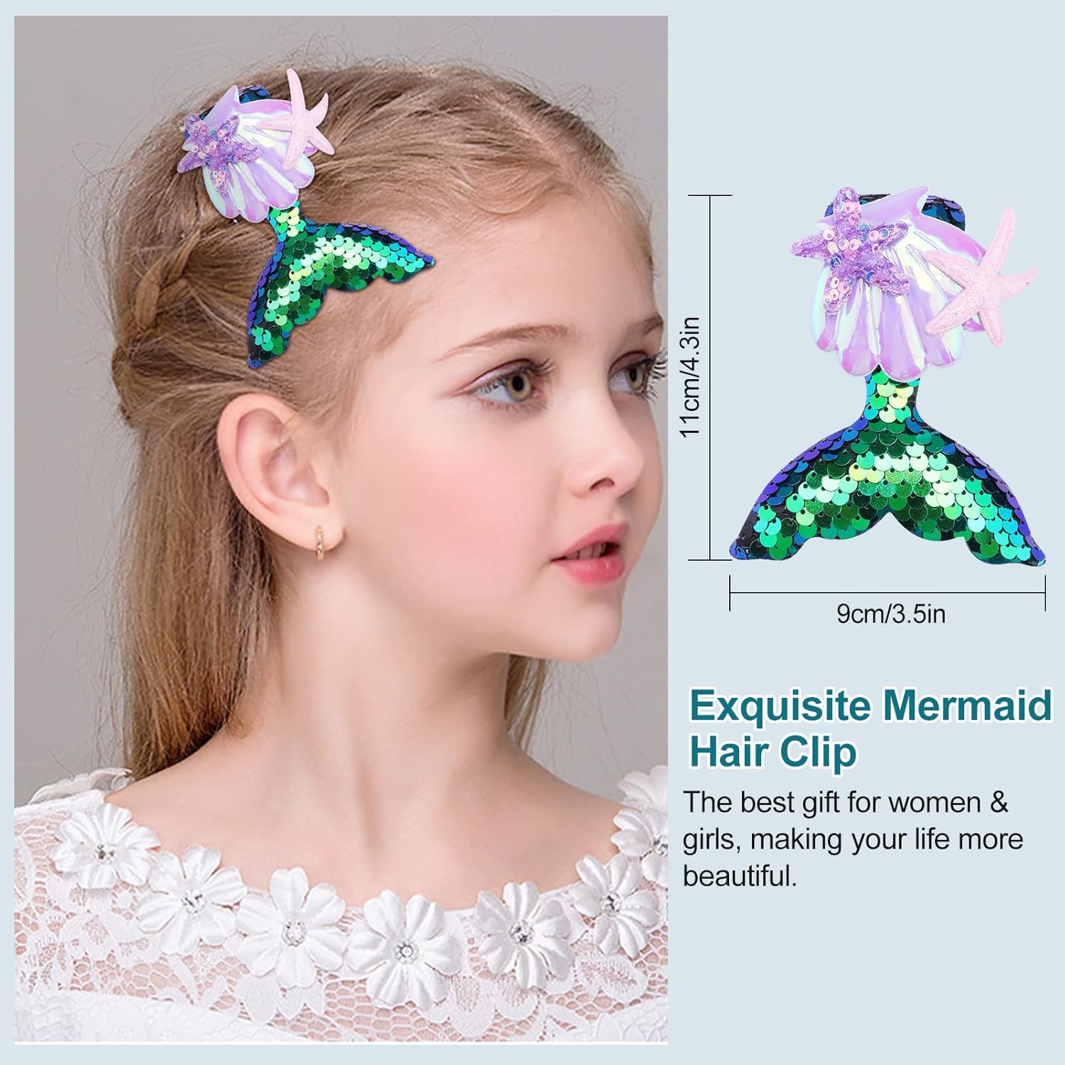 12 Piece Mermaid Makeup Brush Set with Hair Clip for Kids Girls - Image 3