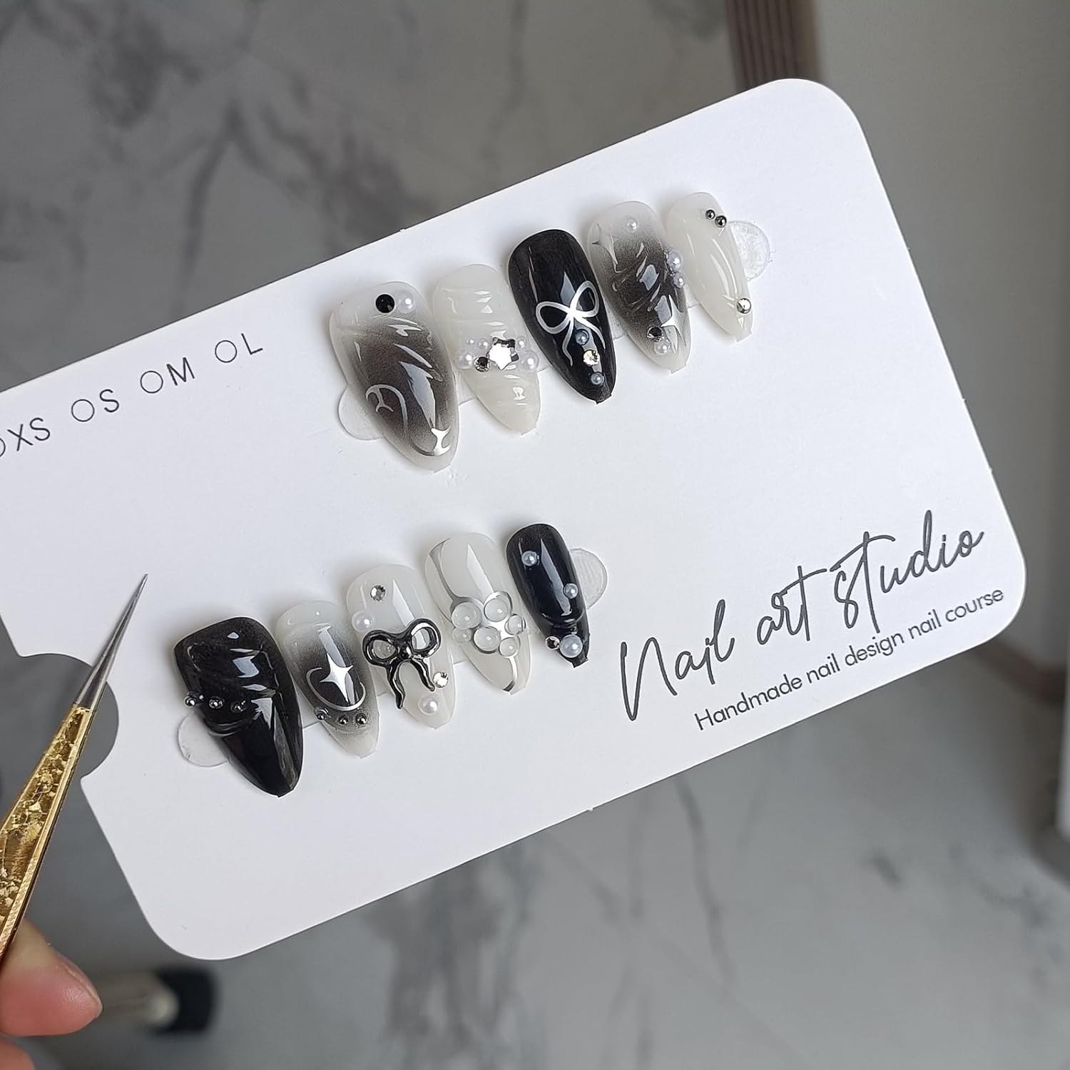 Goth Edgy Almond Press on Nails 24pcs with 3D Bow and Silver Star Embellishments - Image 7