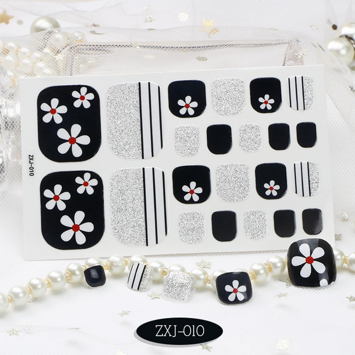 8 Sheet Floral Gel Toe Nail Stickers, Self-Adhesive Glitter Daisy Designs, Women's Manicure - Image 4
