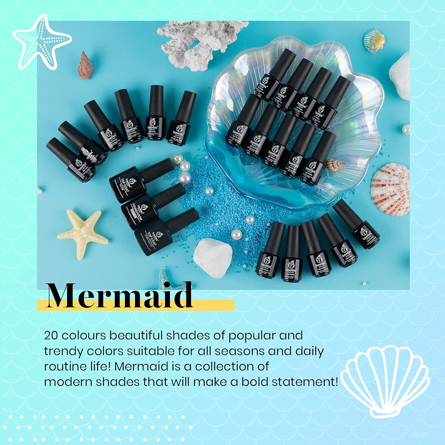 Beetles 20 Color Mermaid Gel Nail Polish Set with Base and Top Coat for Summer Nail Art - Image 6