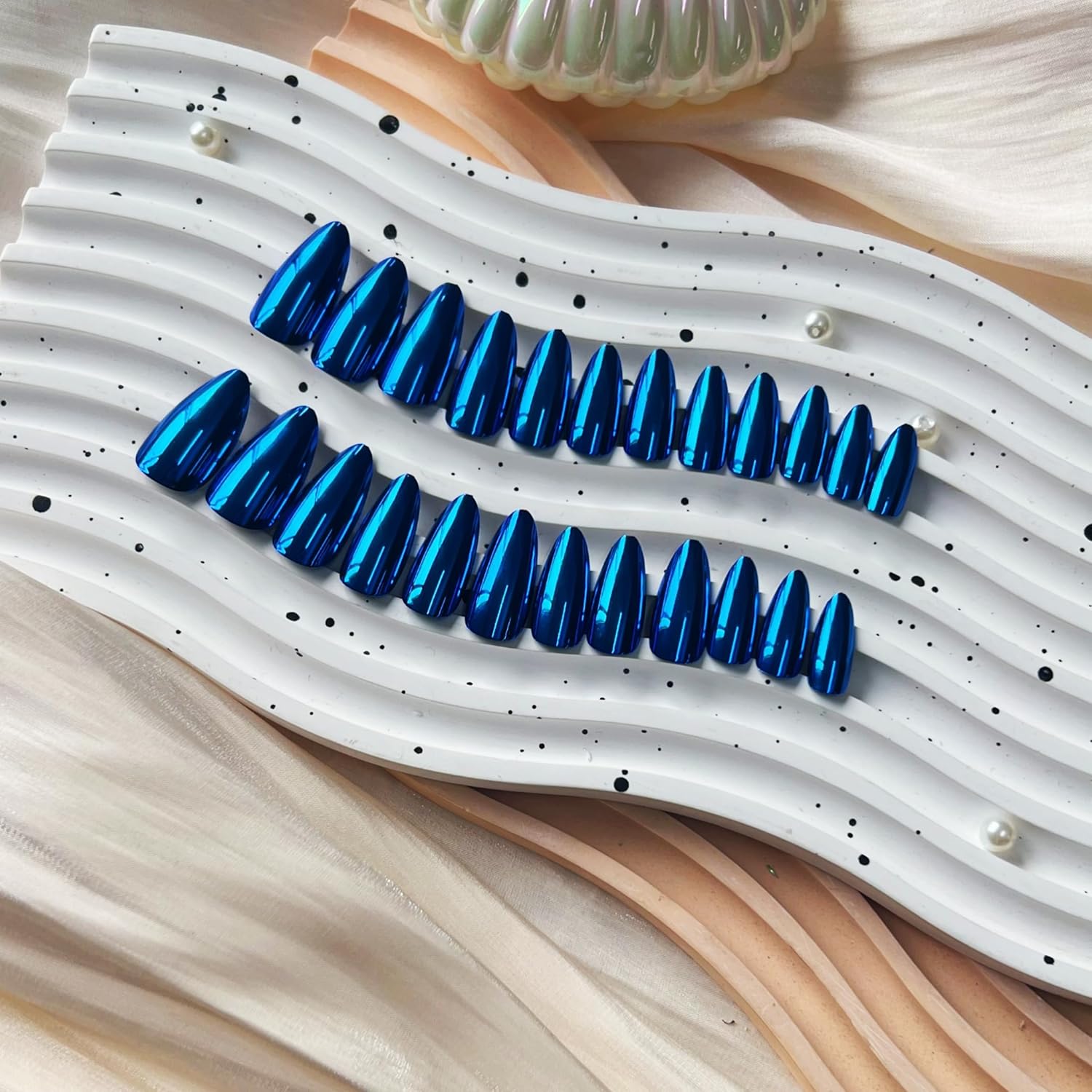 Medium Length Royal Blue Almond Chrome Glazed Press On Nails Reusable Acrylic Set - Image 4