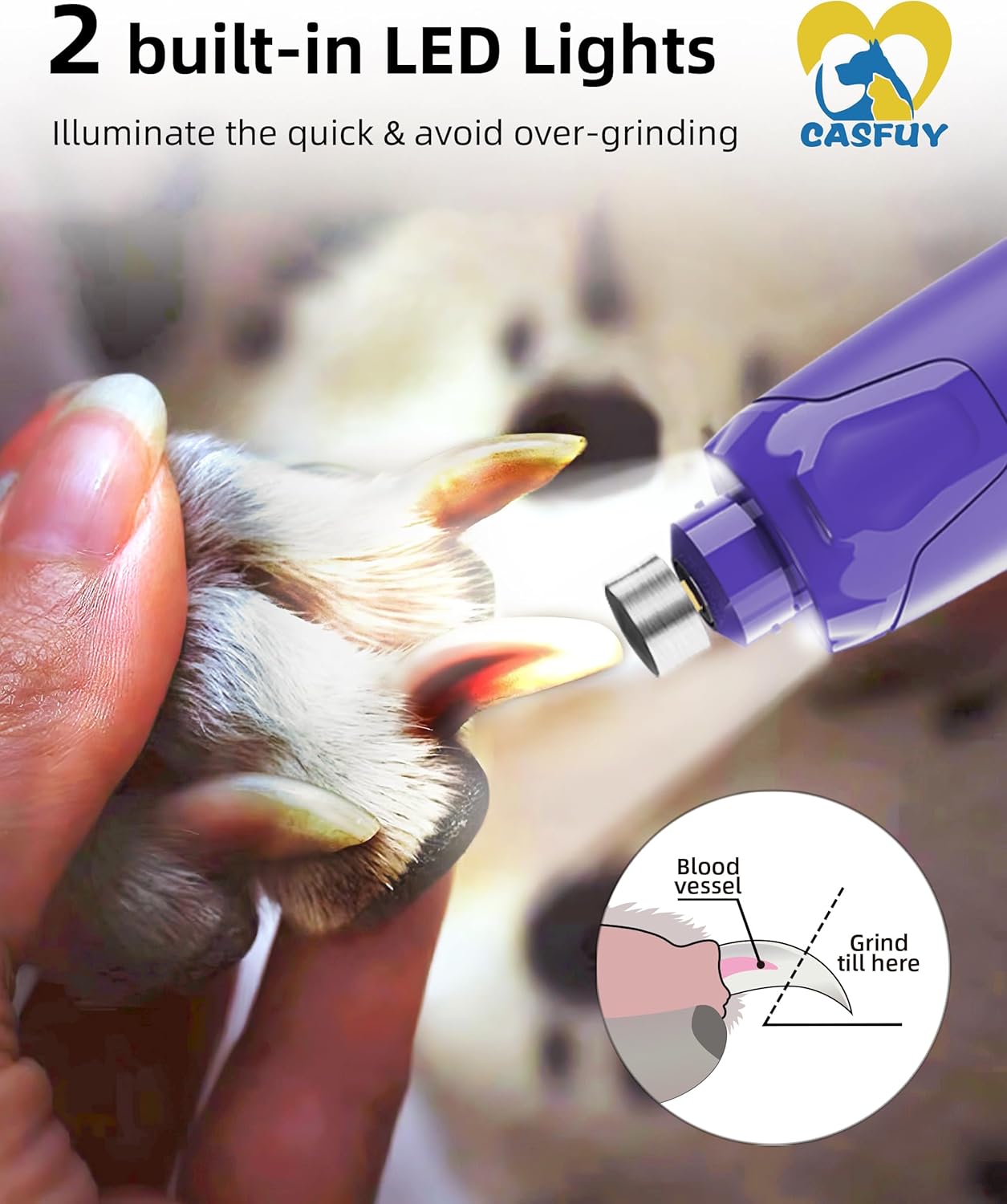 Casfuy Quiet Dog Nail Grinder 6-Speed with LED Lights for All Dog Sizes, Rechargeable - Image 4