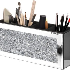 Mirrored Pen Holder 4 Compartments, Crushed Diamond Pencil Holder for Desk Glass Pen Organizer Cup for Countertop Accessory Storage, Silver