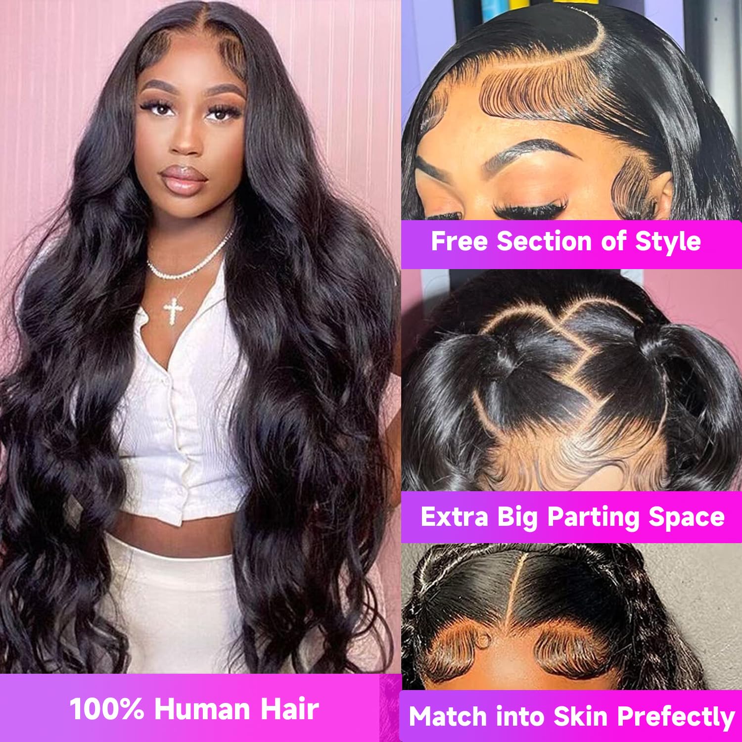 32 Inch 13x6 Body Wave Pre Plucked Natural Black Human Hair Lace Front Wig 200 Density - Image 4