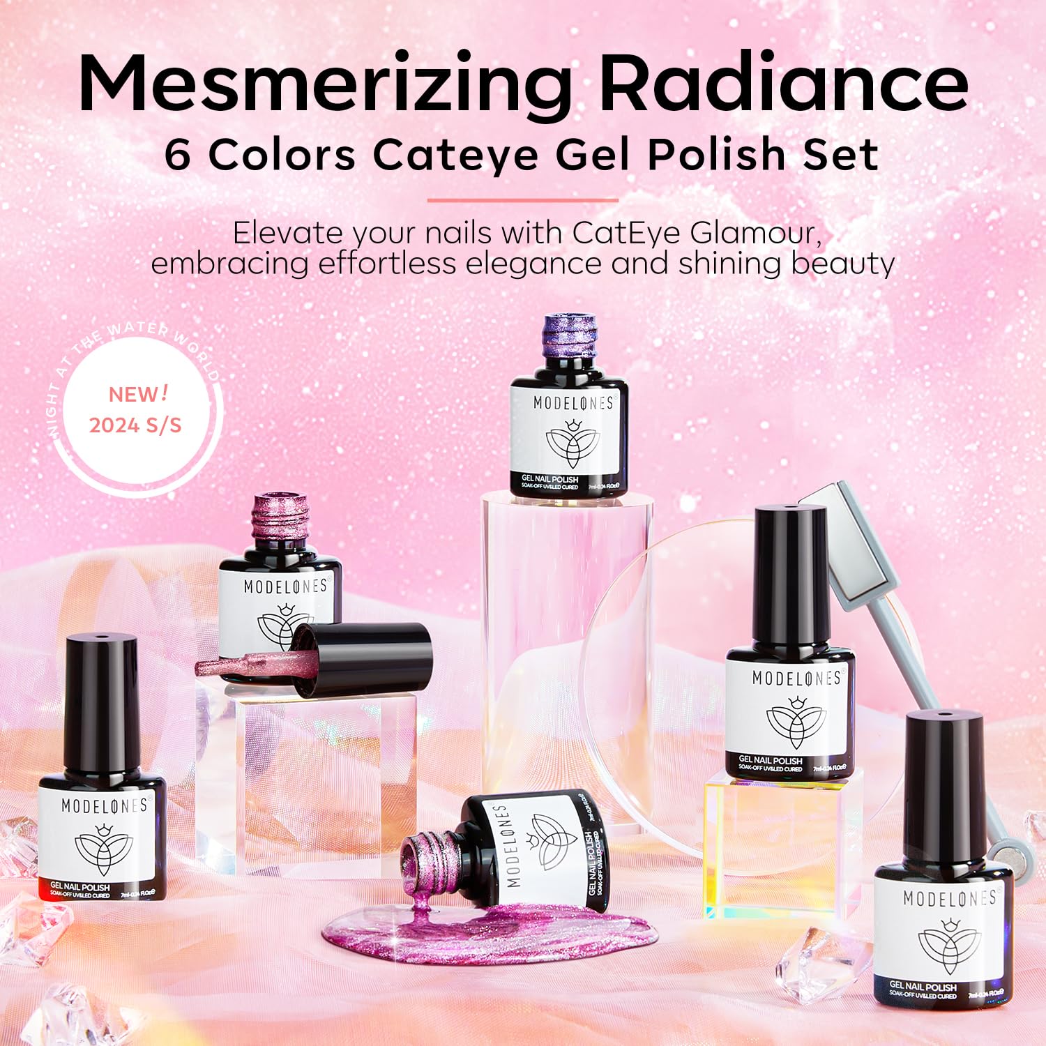 Modelones 6-Color Holographic Glitter Cat Eye Gel Nail Polish Kit for DIY Nail Art - Image 2