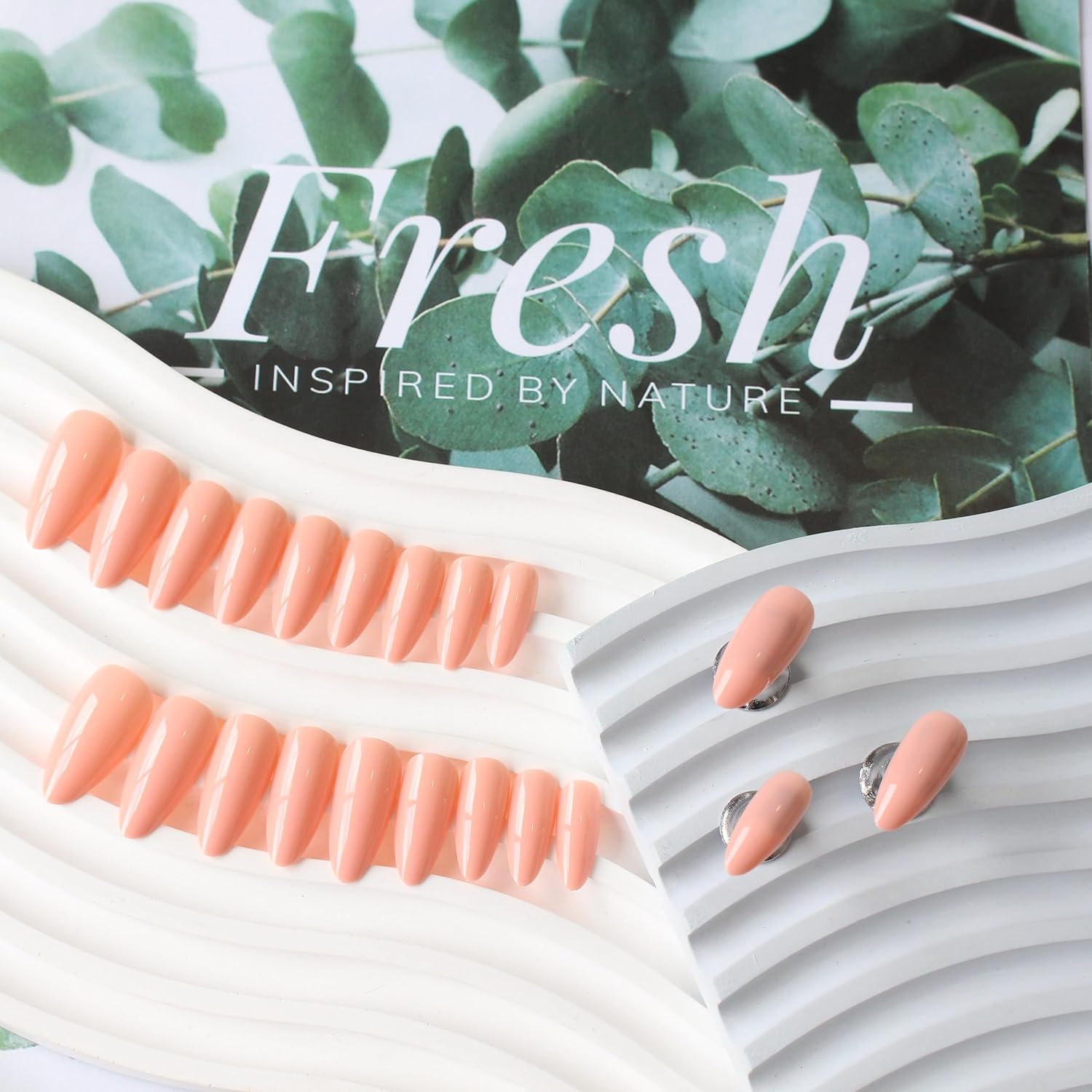 Coral Press On Almond Stiletto Medium Opaque Peach Fake Nails 24 Pcs Reusable - Image 3