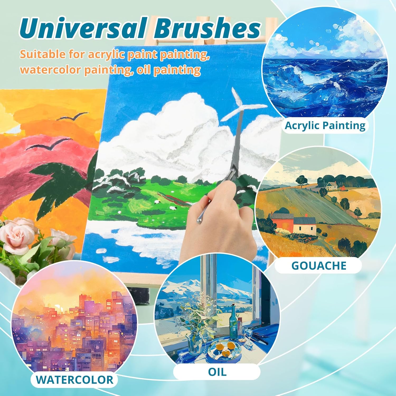 HTVRONT 25 Piece Acrylic Paint Brush Set with Canvas Case for Oil Watercolor - Image 2