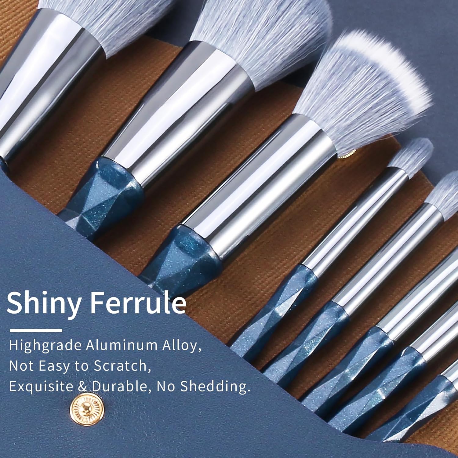 Sapphire Blue Vegan 15-Piece Pro Glitter Makeup Brush Set with Case - Image 5