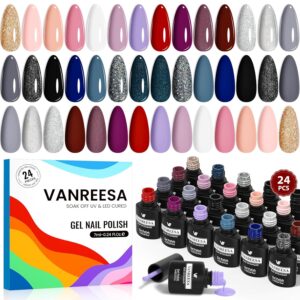 VANREESA 24 Pcs Gel Nail Polish Set, 21 Colors Gel Polish with Base Coat Glossy & Matte Top Coat Nude Pink Red Purple Gray Blue Glitter Gel Polish Kit Nail Kit Gifts for Women Girls