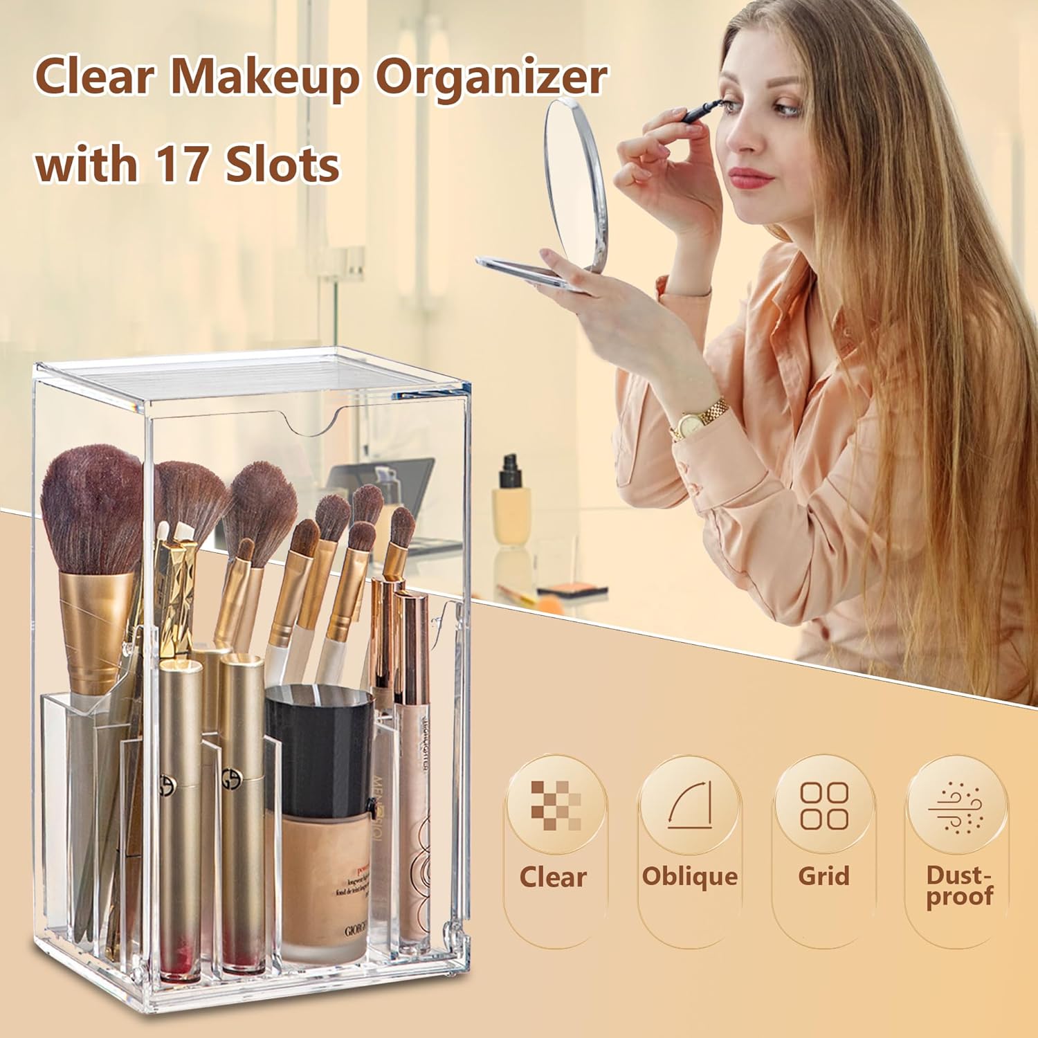 Clear Acrylic 17-Slot Makeup Brush Holder Organizer with Lid - Image 2