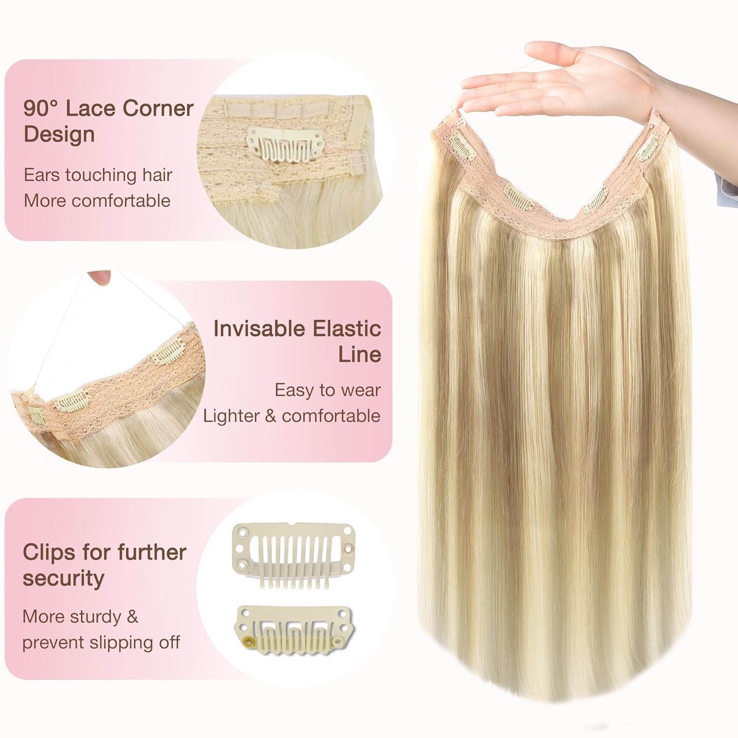 GOO GOO 12 Inch Invisible Wire Hair Extensions, 70g Human Hair in Light Blonde with Golden Highlights - Image 3