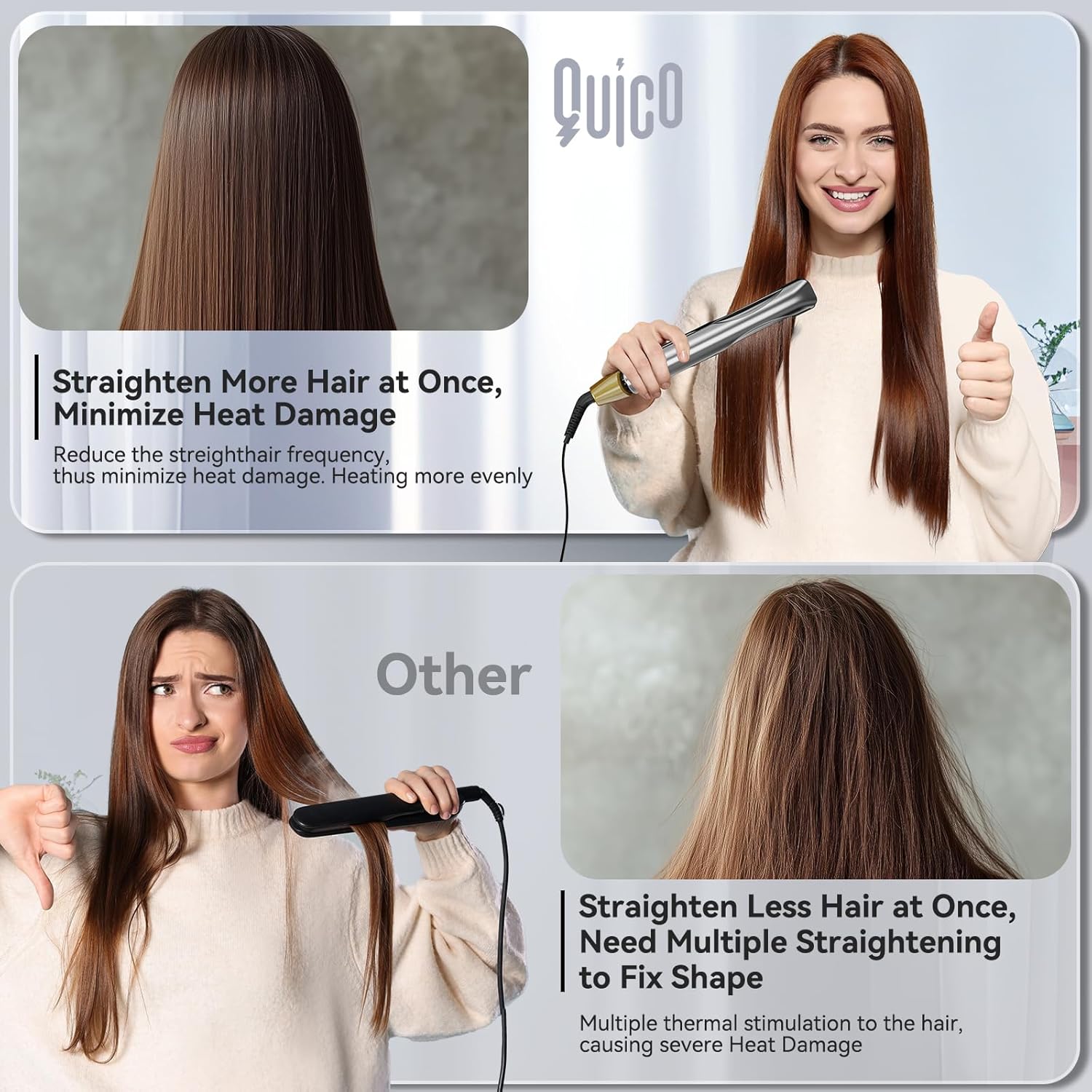 Quico Professional Ceramic Plate Hair Straightener Flat Iron 1.75 Inch Wide Fast Heating Auto Off Includes Glove Clip - Image 2