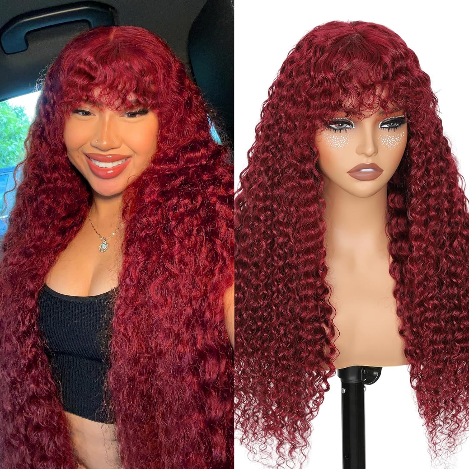 99J Burgundy Curly Wig with Bangs Human Hair 2x4 Lace Closure Water Wave Wear and Go Glueless Color Wigs Red wig with Bangs Colored 100% Brazilian Human Hair for Black Women 20 Inch